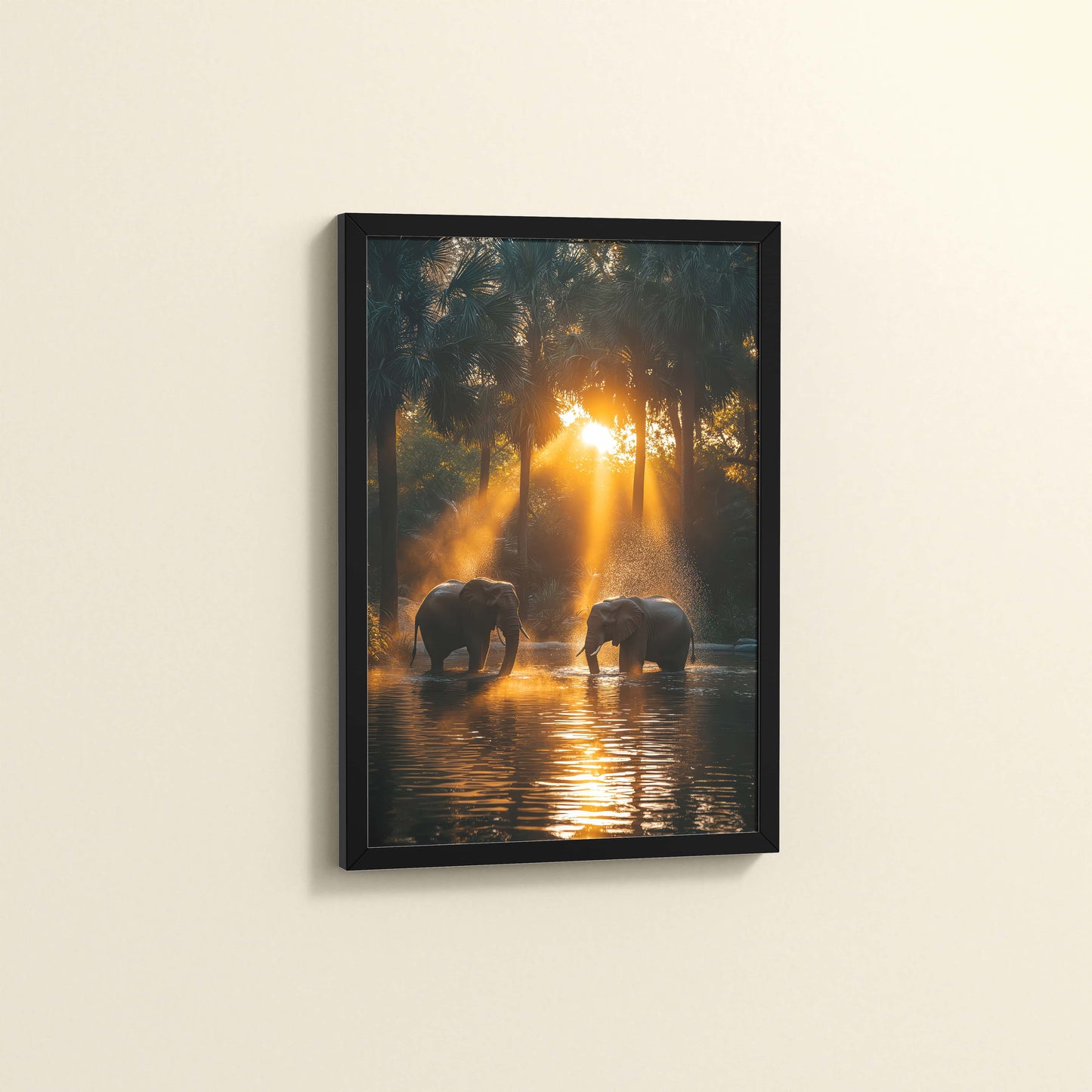 Side View of Glorious Dawn – Elephants in Nature Wall Frame in Black Color Frame