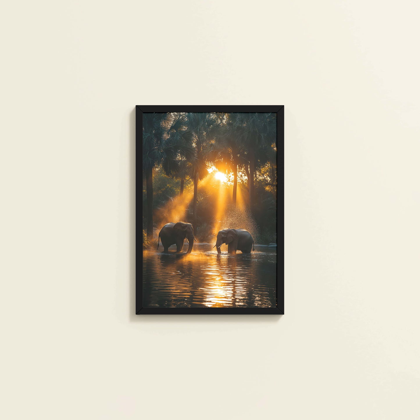 Wall View of Glorious Dawn – Elephants in Nature Wall Frame in Black Color Frame