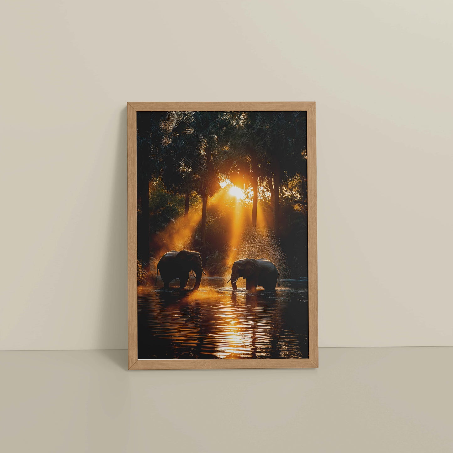 Floor View of Glorious Dawn – Elephants in Nature Wall Frame in Natrual Color Frame