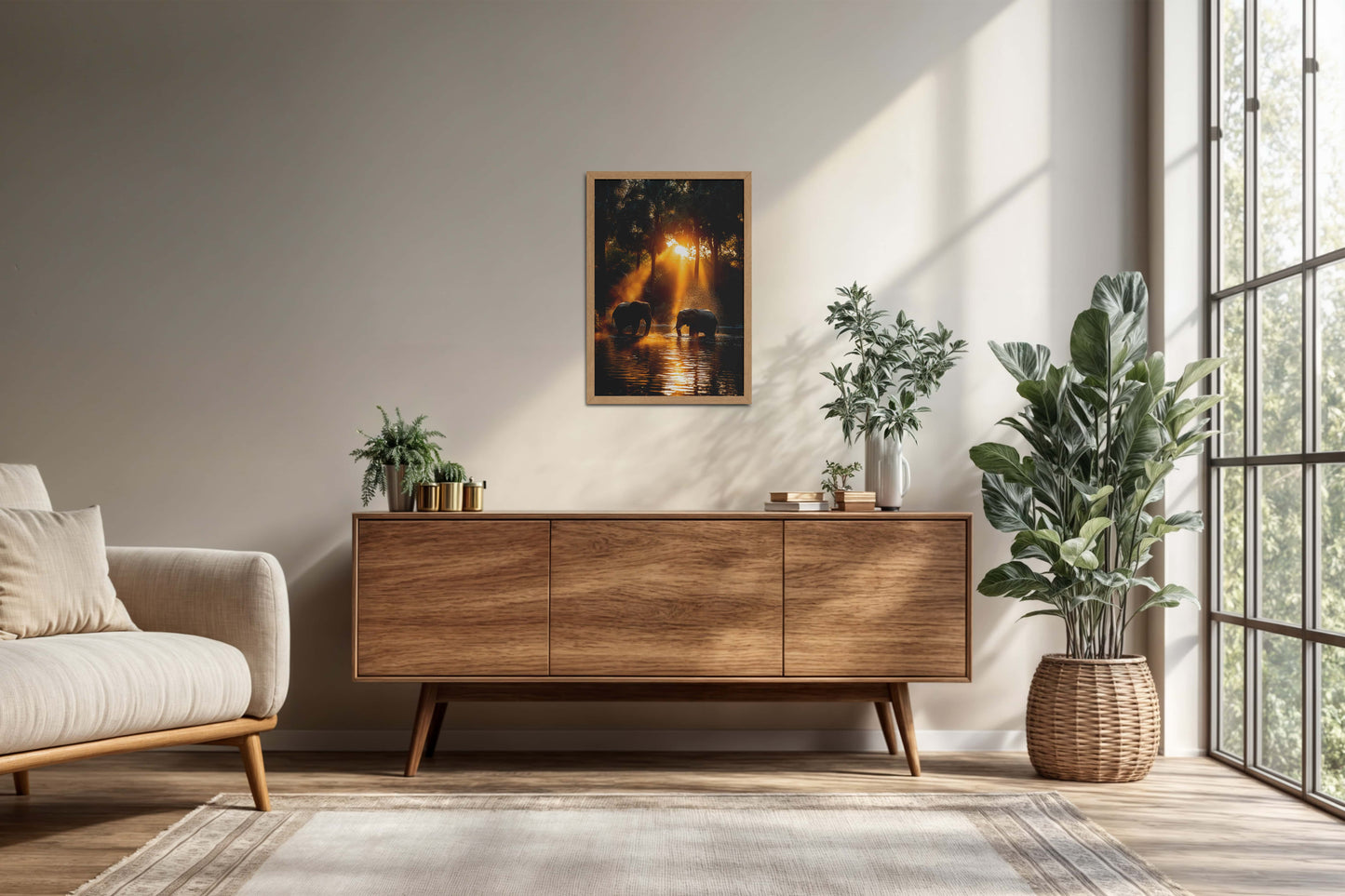 Living Room Cabinet Preview of Glorious Dawn – Elephants in Nature Wall Frame in Natrual Color Frame