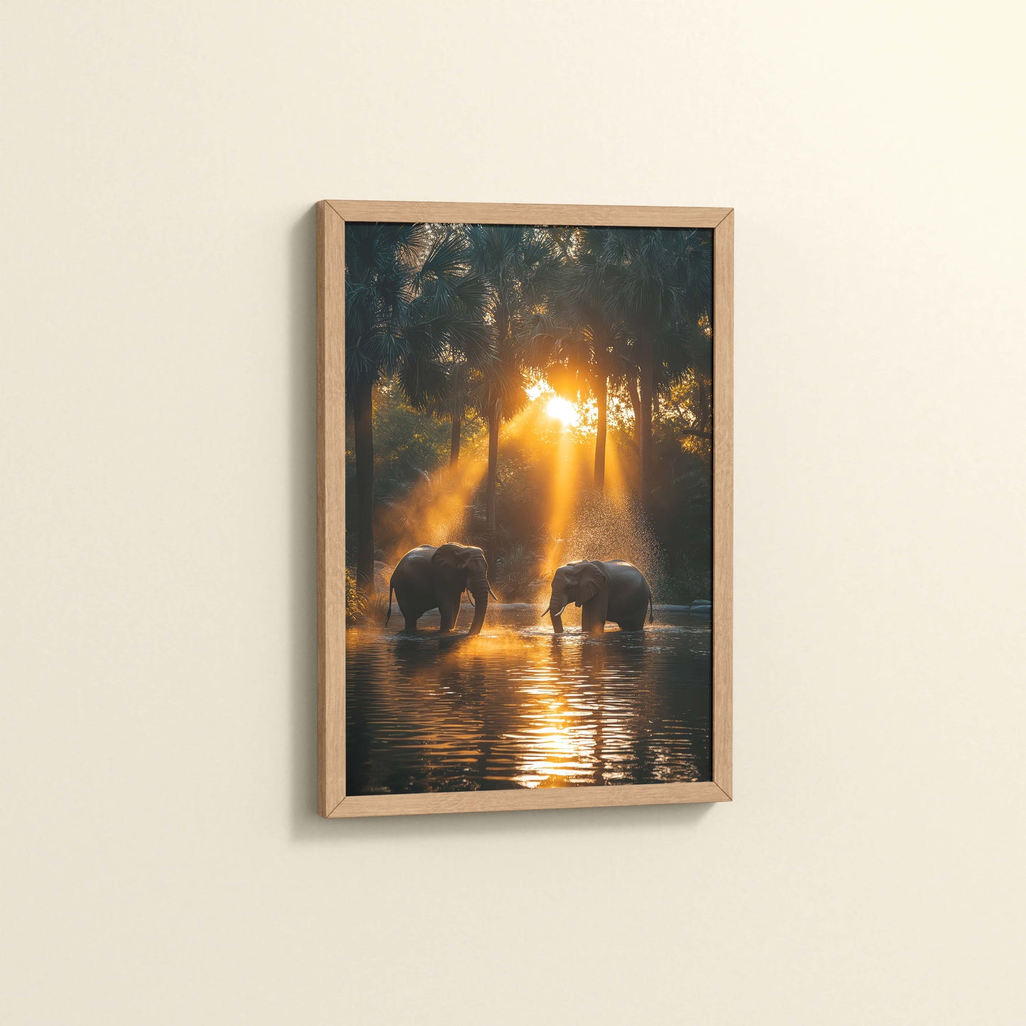Side View of Glorious Dawn – Elephants in Nature Wall Frame in Natrual Color Frame