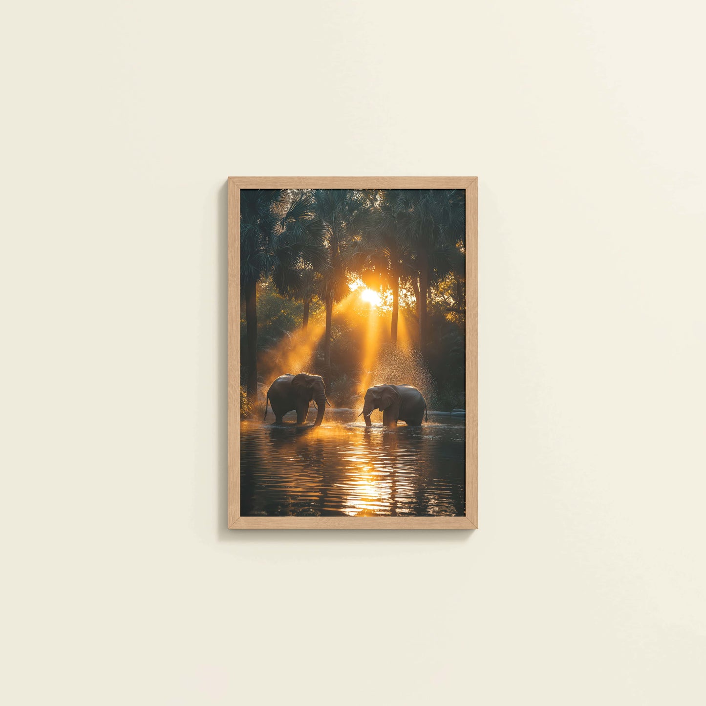 Wall View of Glorious Dawn – Elephants in Nature Wall Frame in Natrual Color Frame