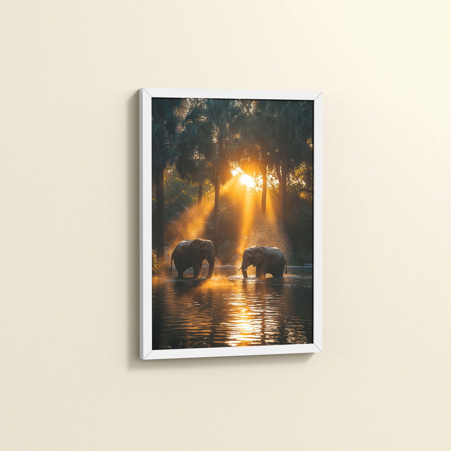 Side View of Glorious Dawn – Elephants in Nature Wall Frame in White Color Frame
