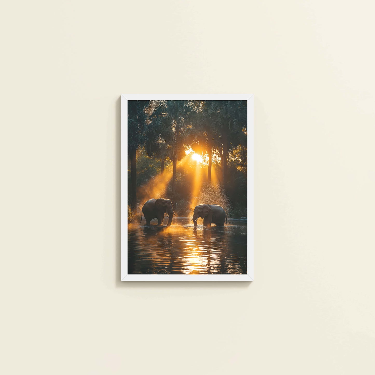 Wall View of Glorious Dawn – Elephants in Nature Wall Frame in White Color Frame