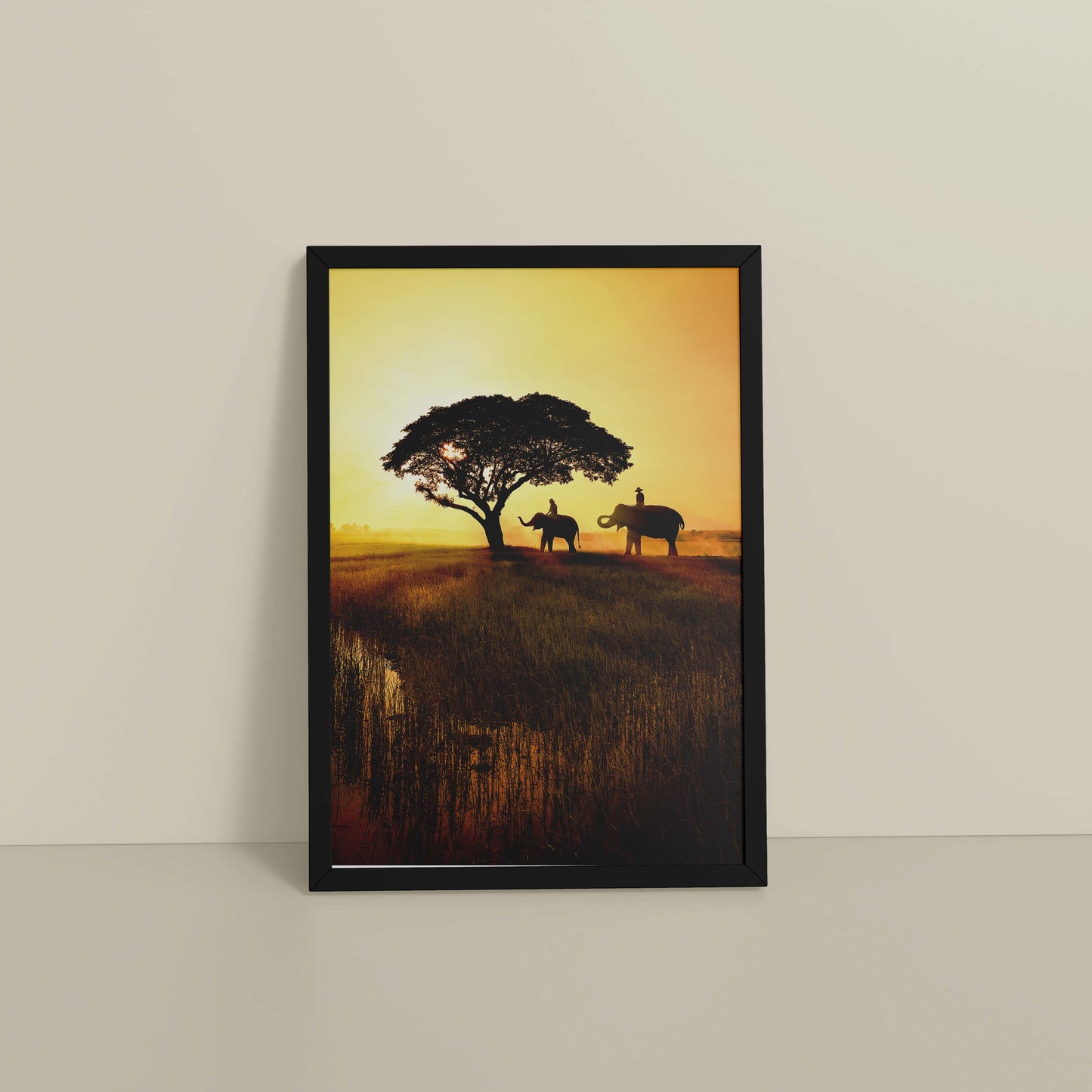 Floor View of Sunset Serenity – Elephants Under Tree Wall Art in Black Color Frame
