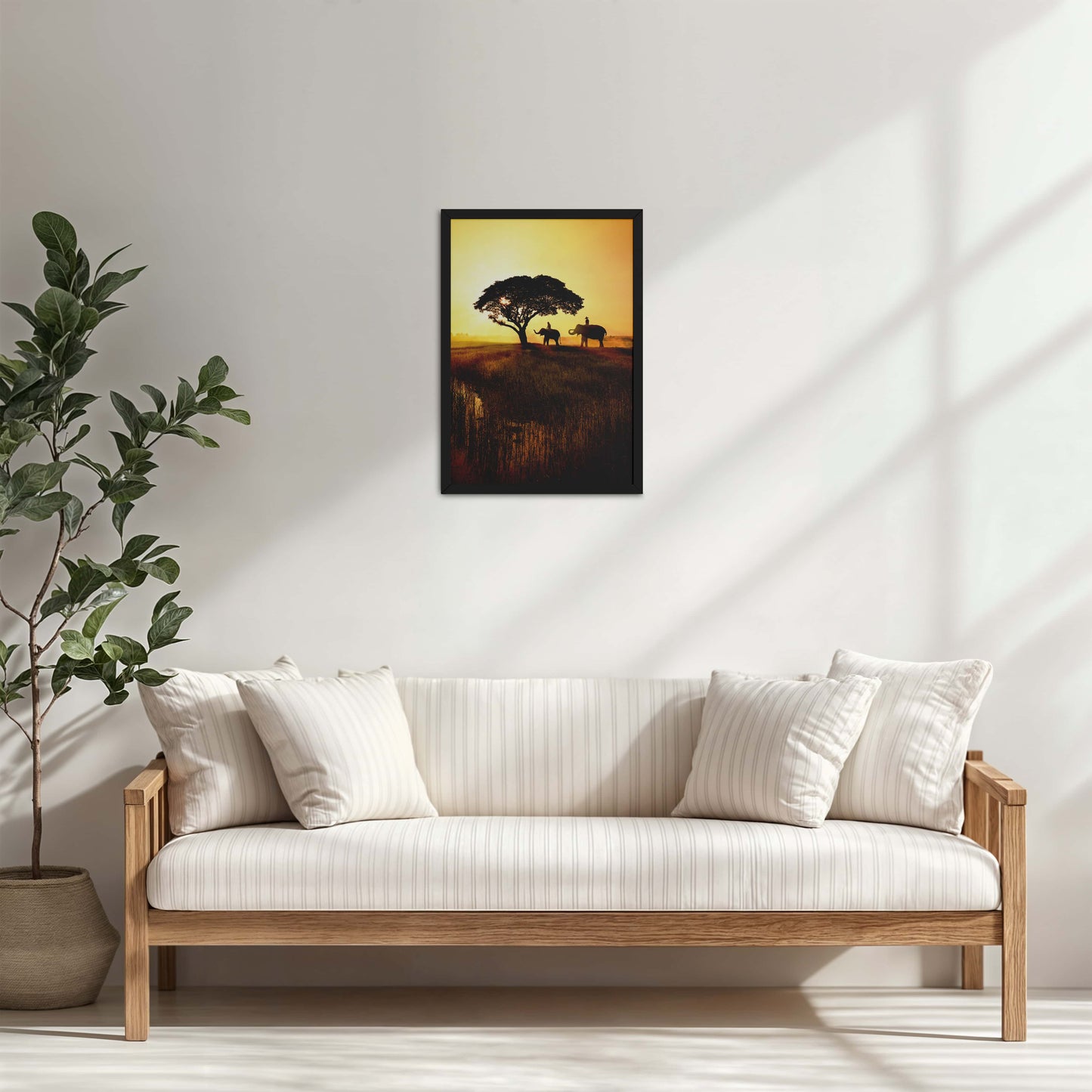 Living Room Cabinet Table Preview of Sunset Serenity – Elephants Under Tree Wall Art in Black Color Frame