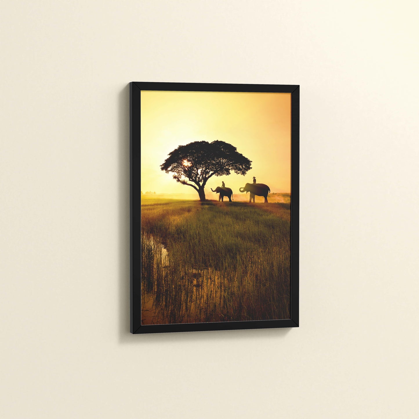 Side View of Sunset Serenity – Elephants Under Tree Wall Art in Black Color Frame
