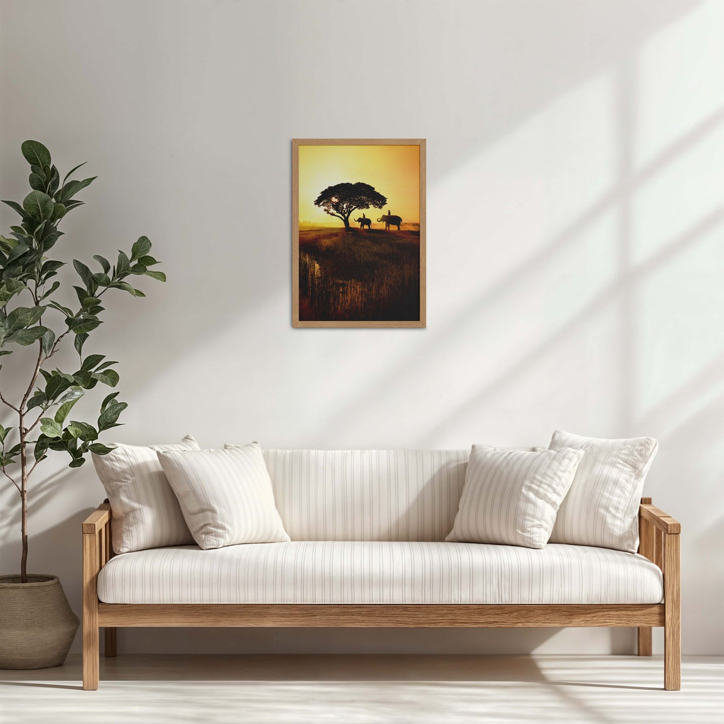 Living Room Cabinet Table Preview of Sunset Serenity – Elephants Under Tree Wall Art in Natrual Color Frame