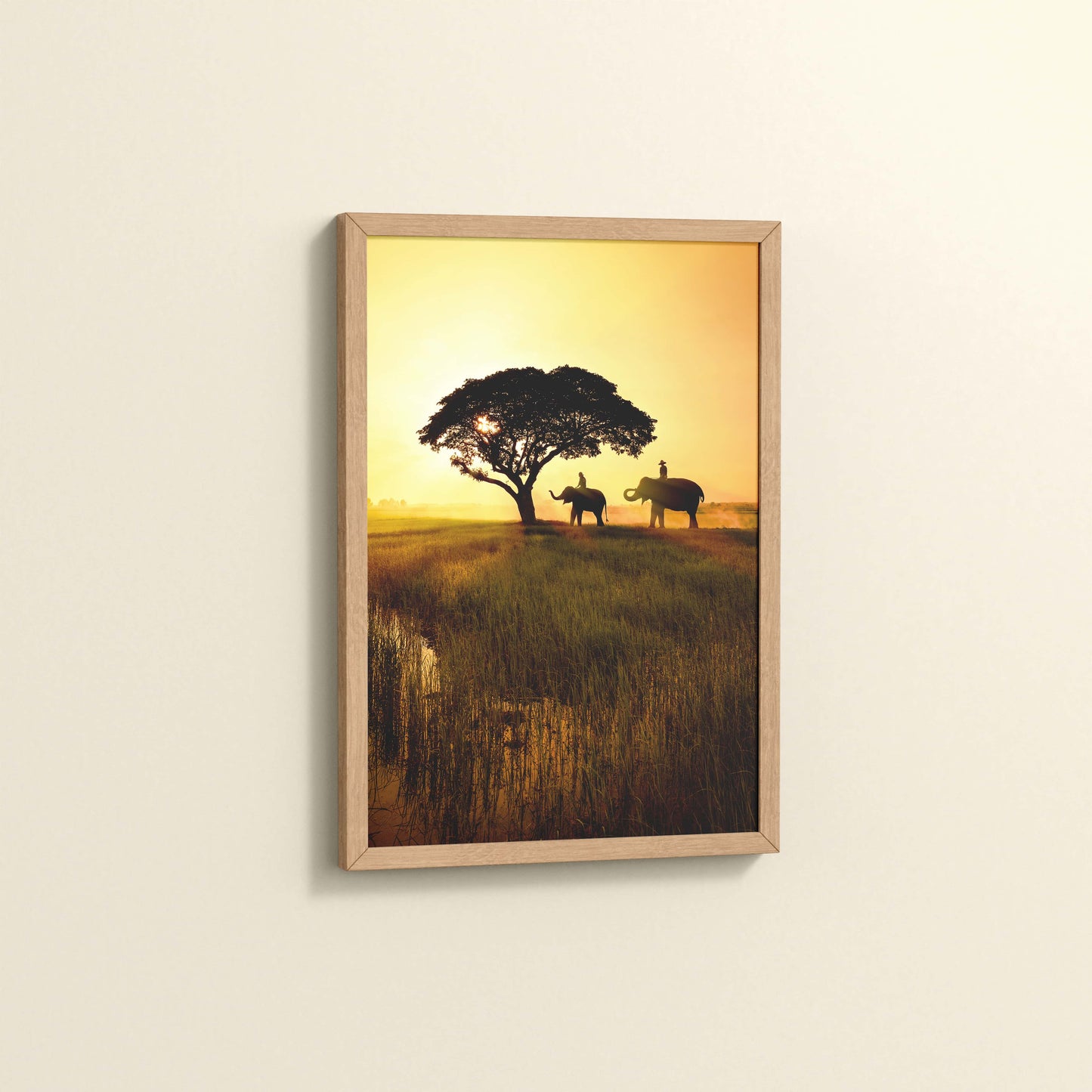 Side View of Sunset Serenity – Elephants Under Tree Wall Art in Natrual Color Frame