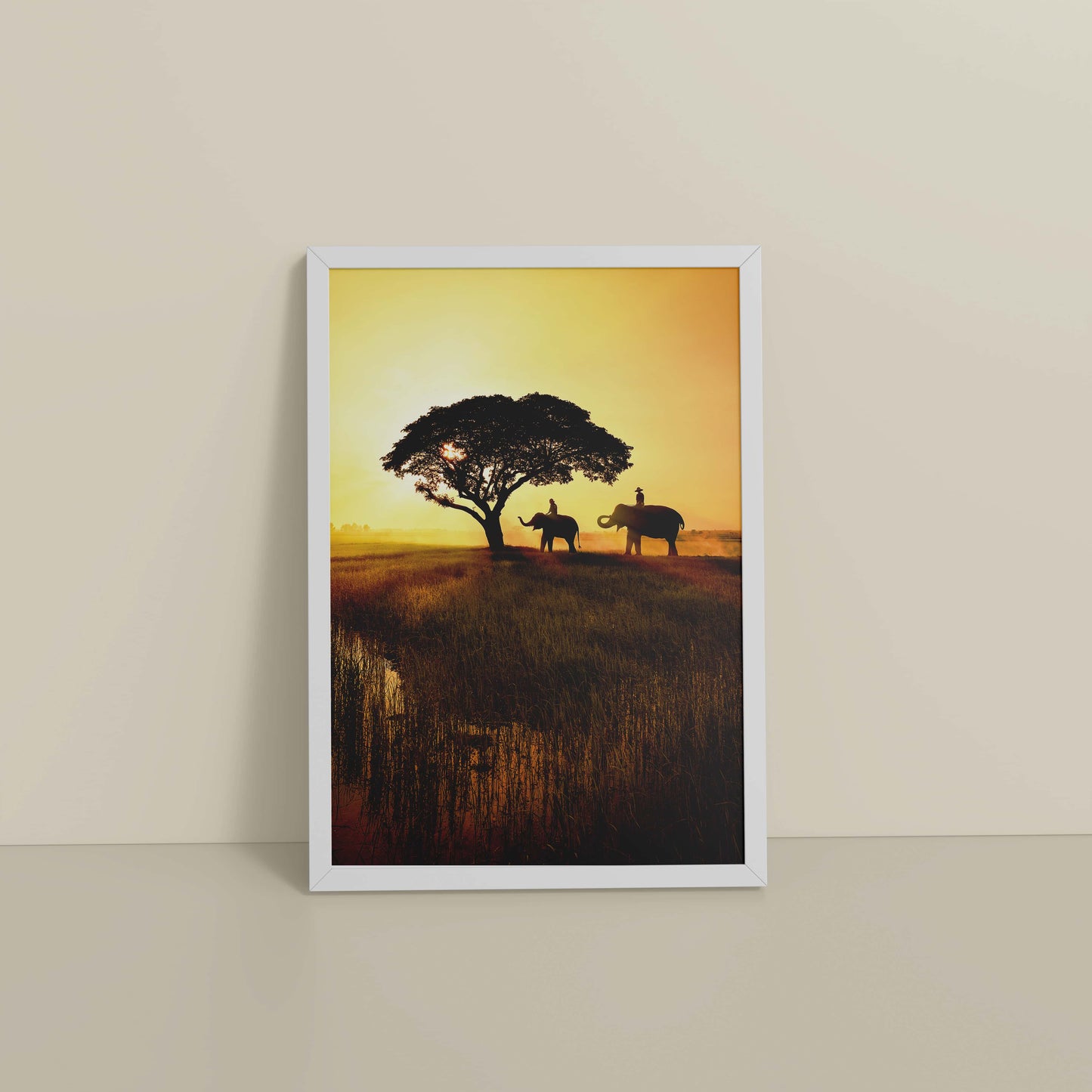 Floor View of Sunset Serenity – Elephants Under Tree Wall Art in White Color Frame