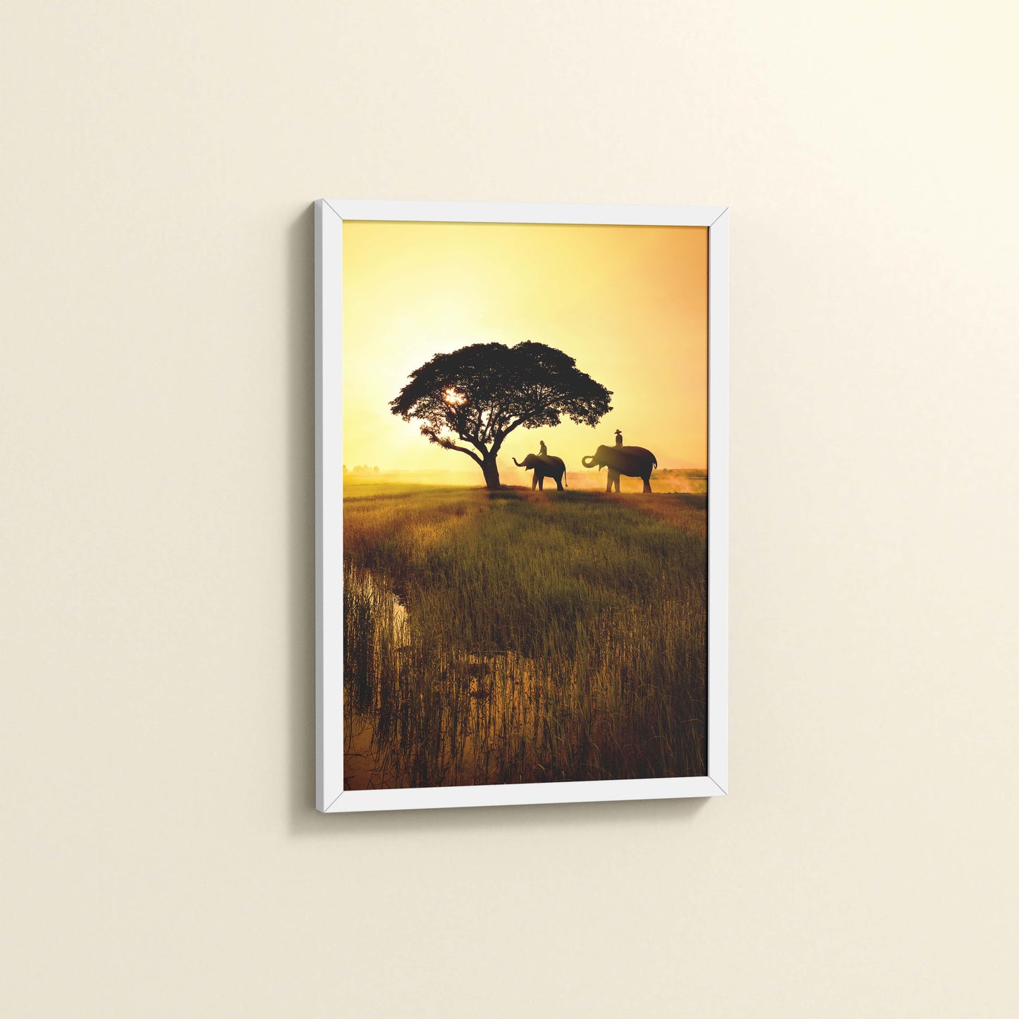 Side View of Sunset Serenity – Elephants Under Tree Wall Art in White Color Frame
