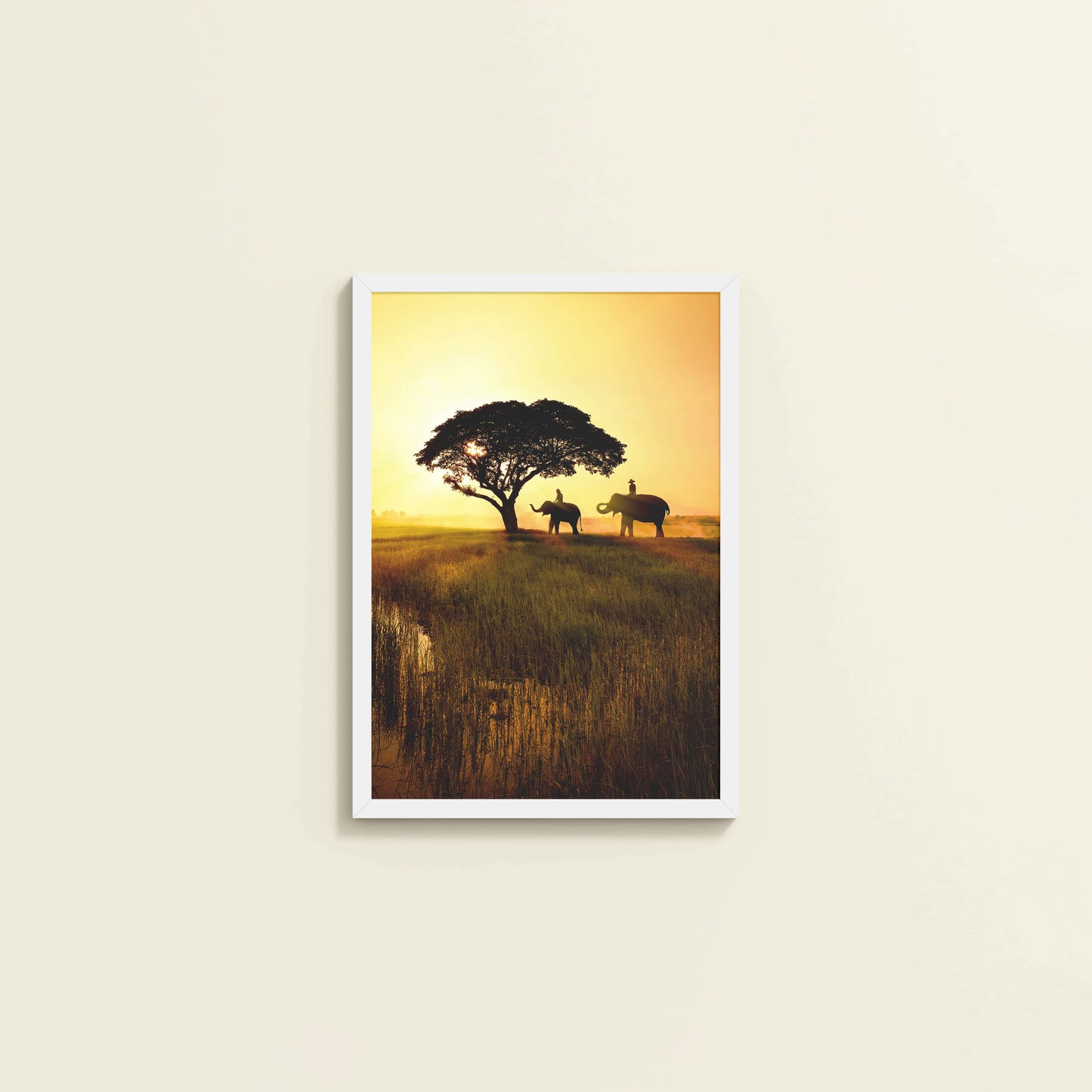 Wall View of Sunset Serenity – Elephants Under Tree Wall Art in White Color Frame