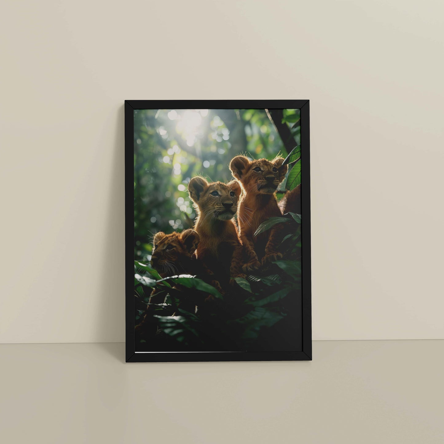 Floor View of Curious Cubs – Lion Trio in the Forest Photo Frame in Black Color Frame
