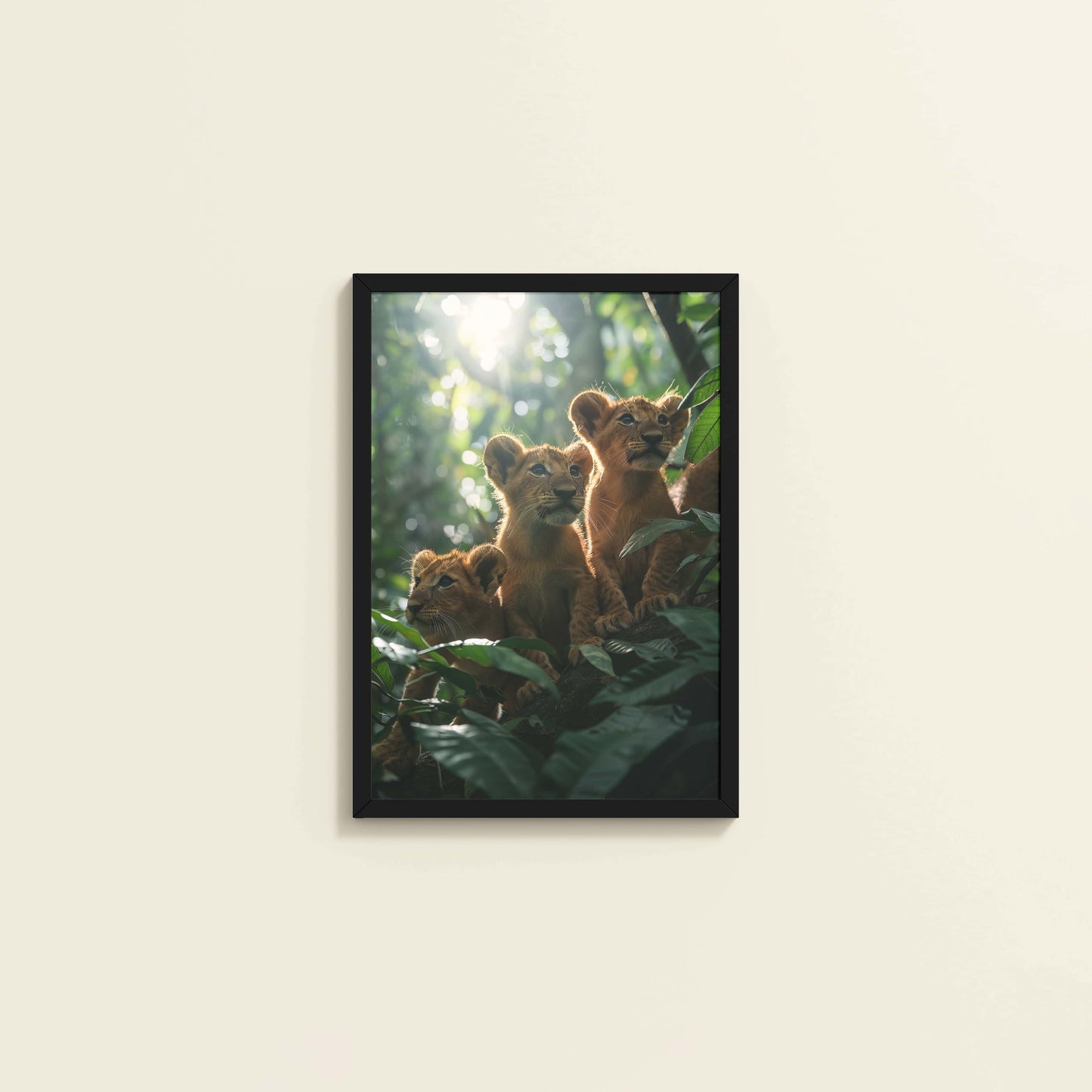 Wall View of Curious Cubs – Lion Trio in the Forest Photo Frame in Black Color Frame