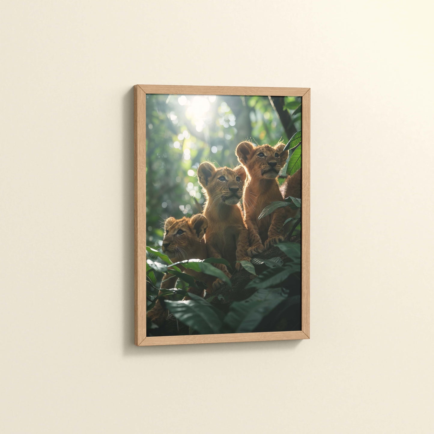 Side View of Curious Cubs – Lion Trio in the Forest Photo Frame in Natrual Color Frame