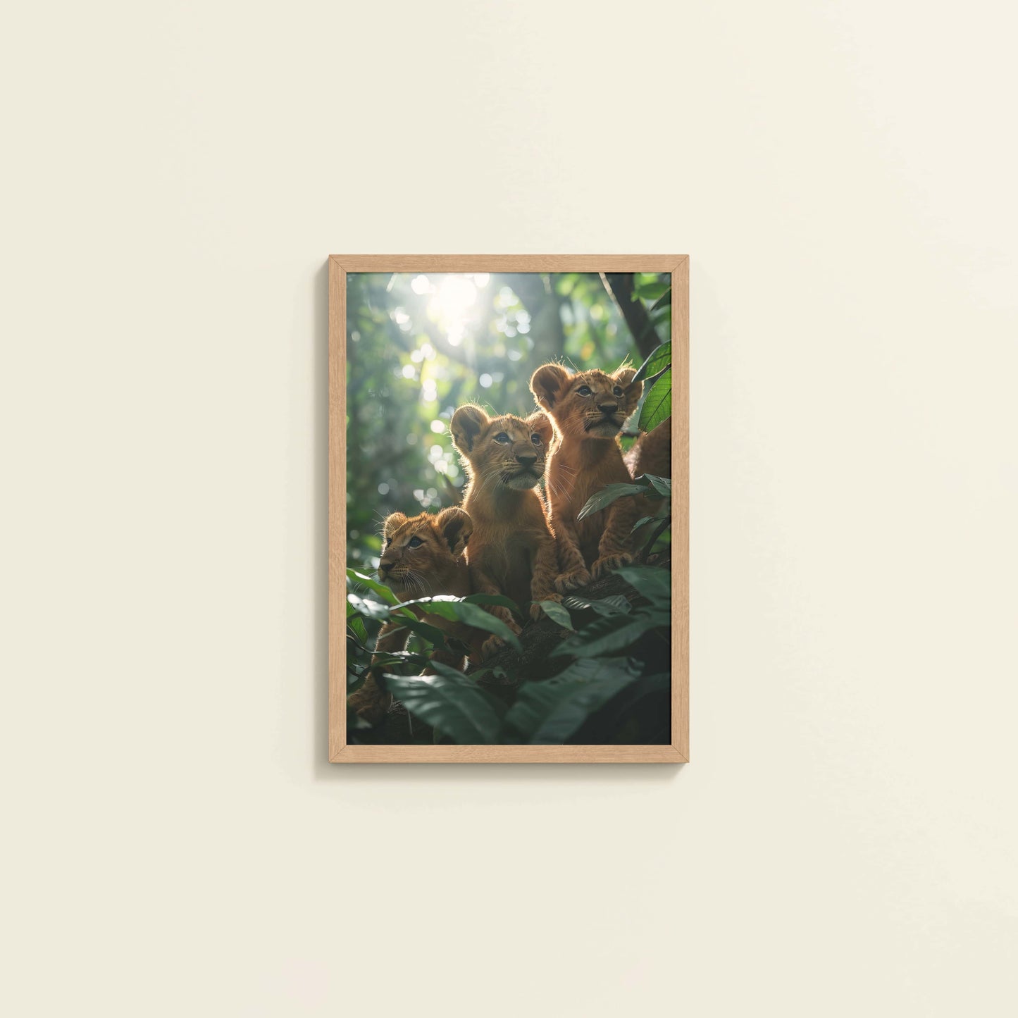 Wall View of Curious Cubs – Lion Trio in the Forest Photo Frame in Natrual Color Frame