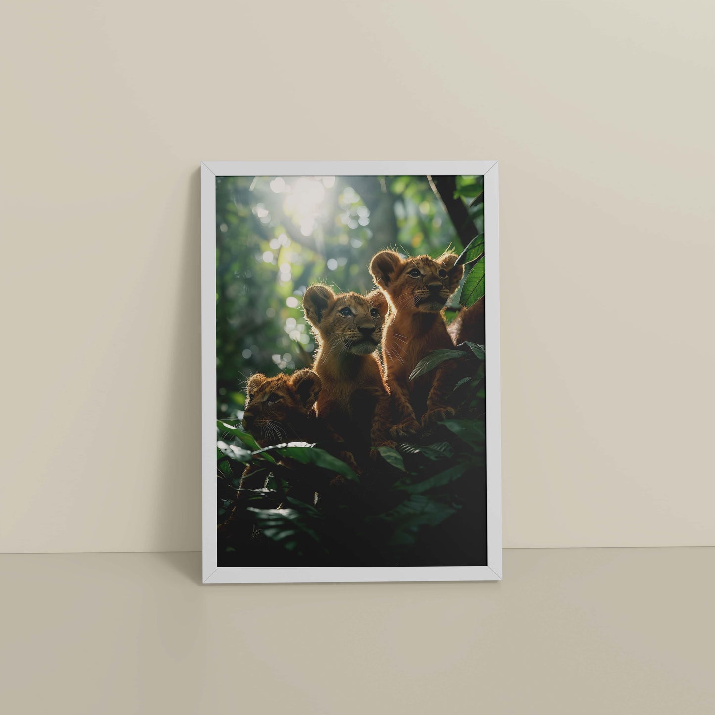 Floor View of Curious Cubs – Lion Trio in the Forest Photo Frame in White Color Frame