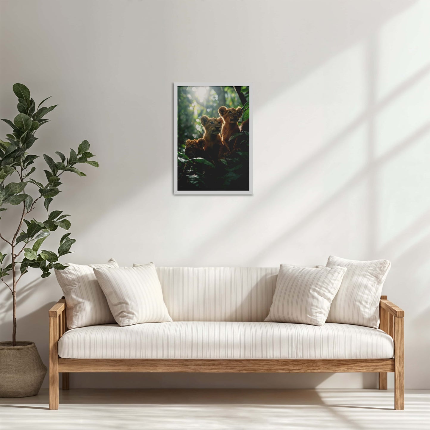 Living Room Cabinet Table Preview of Curious Cubs – Lion Trio in the Forest Photo Frame in White Color Frame