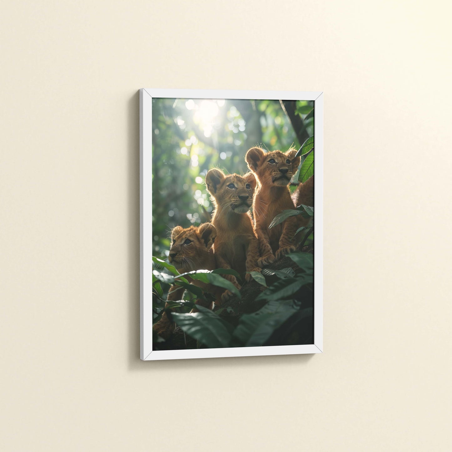 Side View of Curious Cubs – Lion Trio in the Forest Photo Frame in White Color Frame