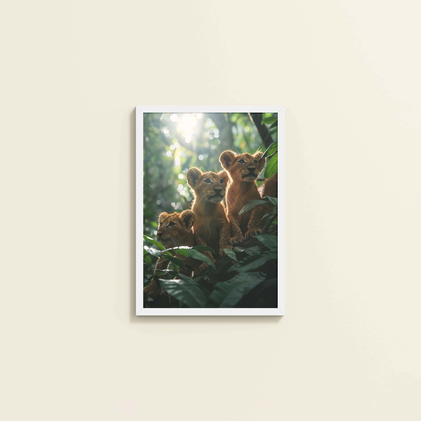 Wall View of Curious Cubs – Lion Trio in the Forest Photo Frame in White Color Frame