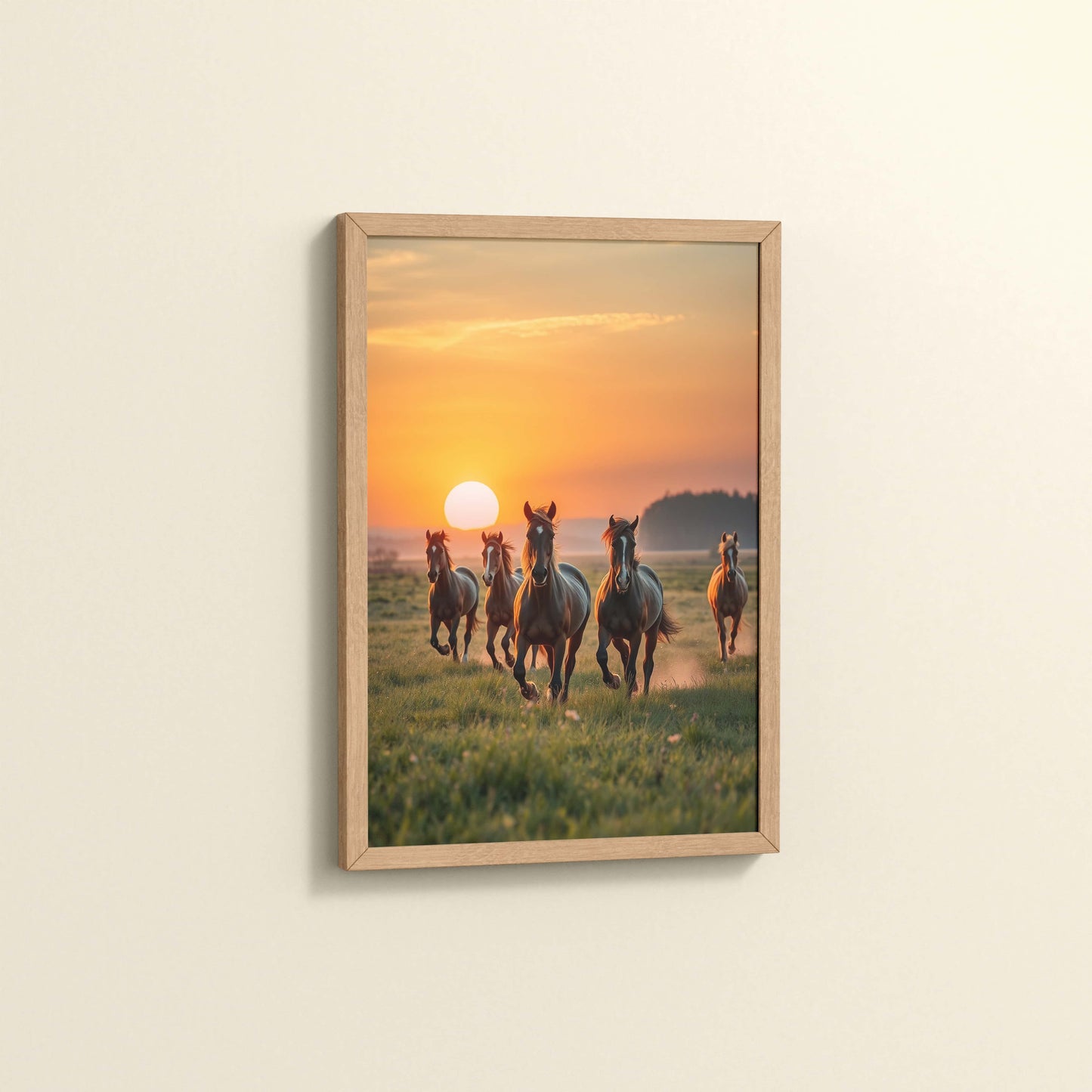 Side View of Sunrise Spirit – Running Horses in Wall Art & Frame in Natrual Color Frame