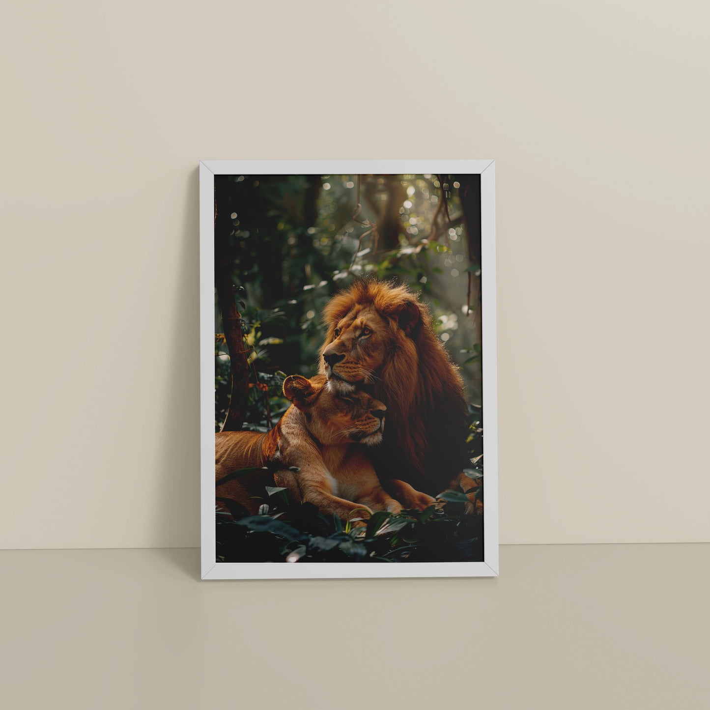 Floor View of Pride of the Wild – Lion Wall Art & Photo Frame in White Color Frame