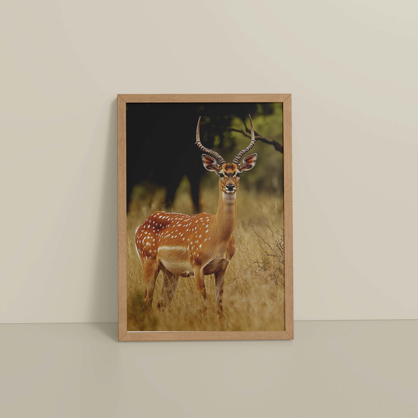 Floor View of Grace of the Wild – Deer in Wildlife Wall Photo Frame in Natrual Color Frame