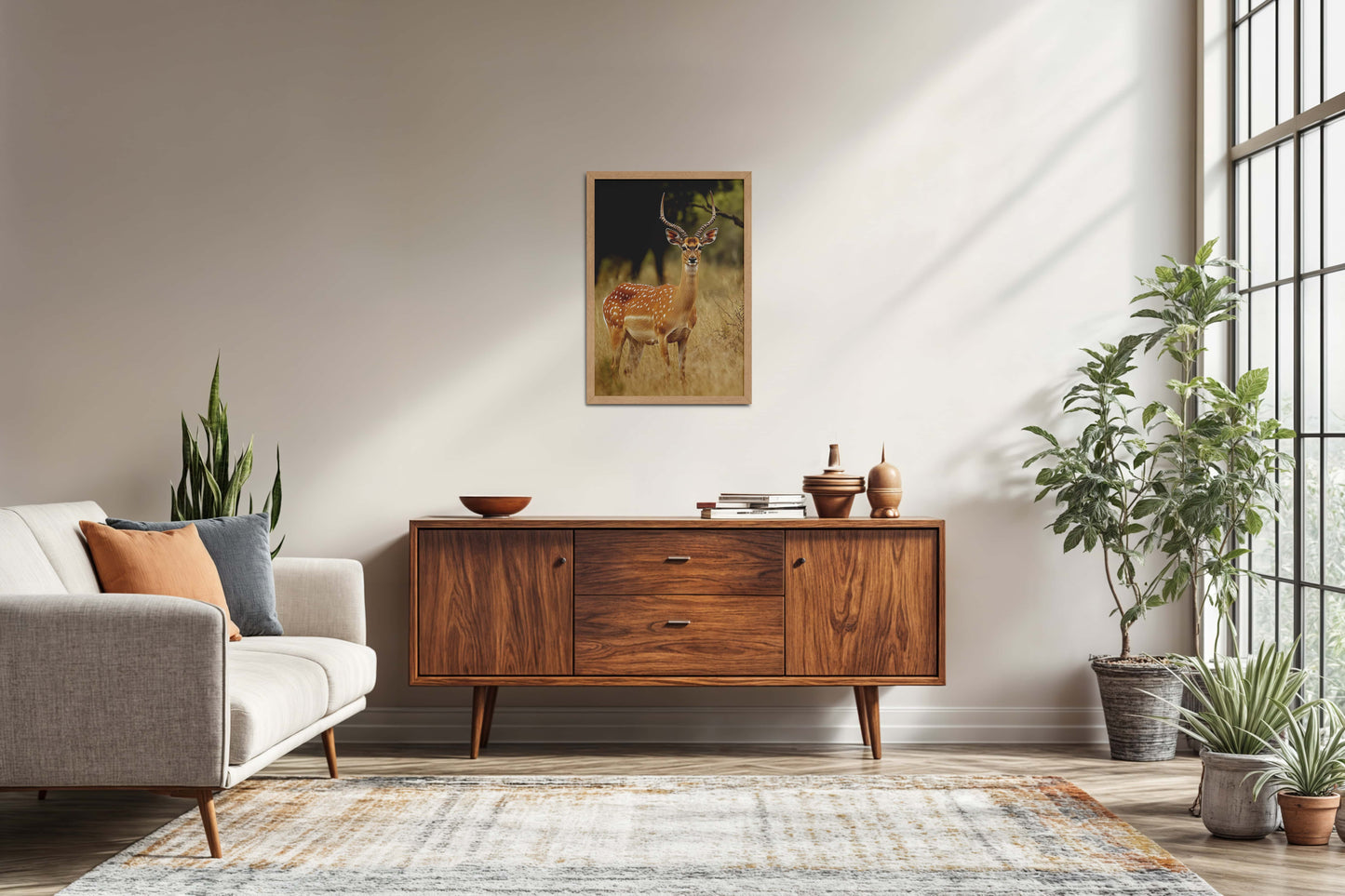 Living Room Sofa Preview of Grace of the Wild – Deer in Wildlife Wall Photo Frame in Natrual Color Frame