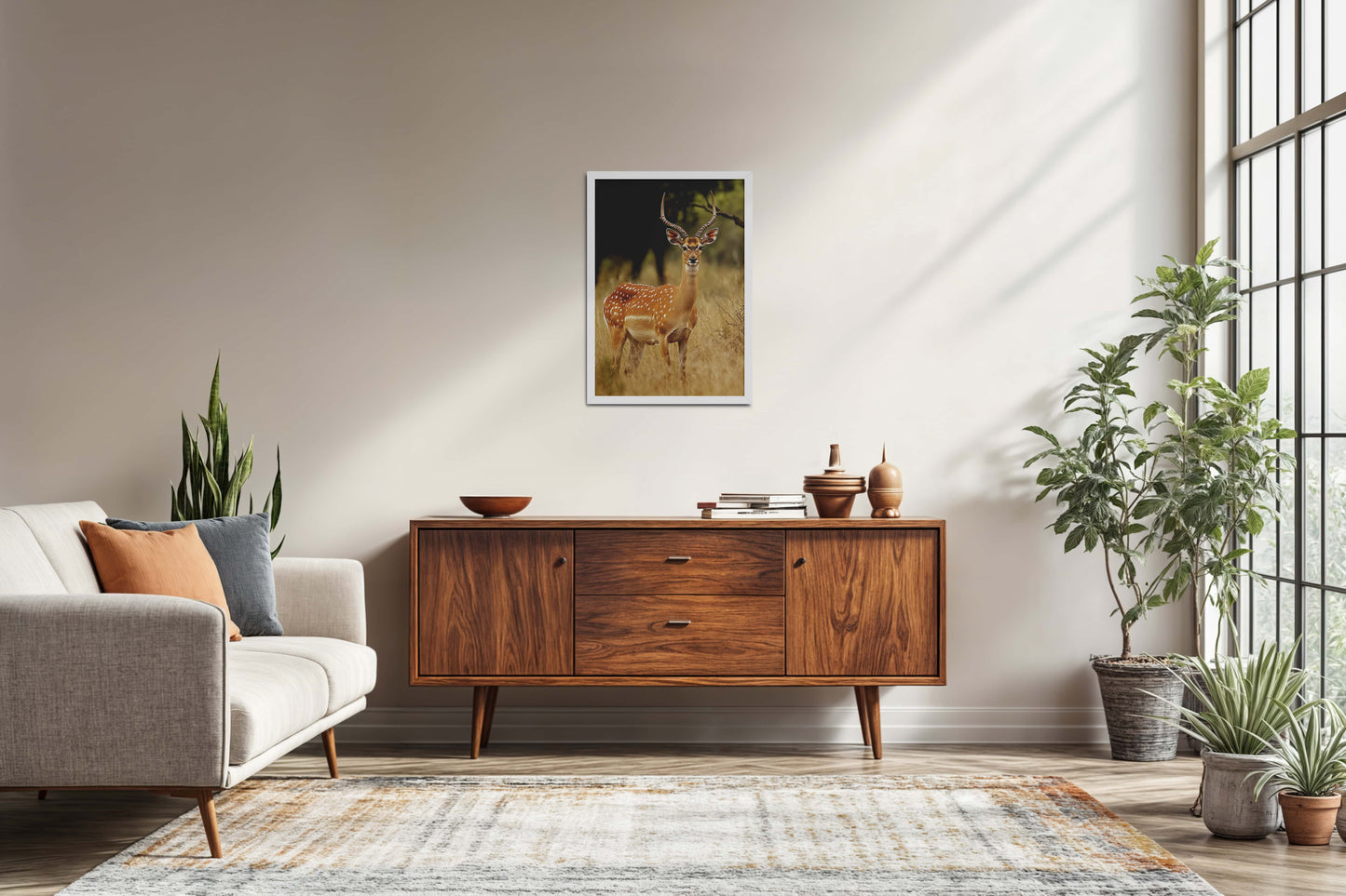 Living Room Sofa Preview of Grace of the Wild – Deer in Wildlife Wall Photo Frame in White Color Frame
