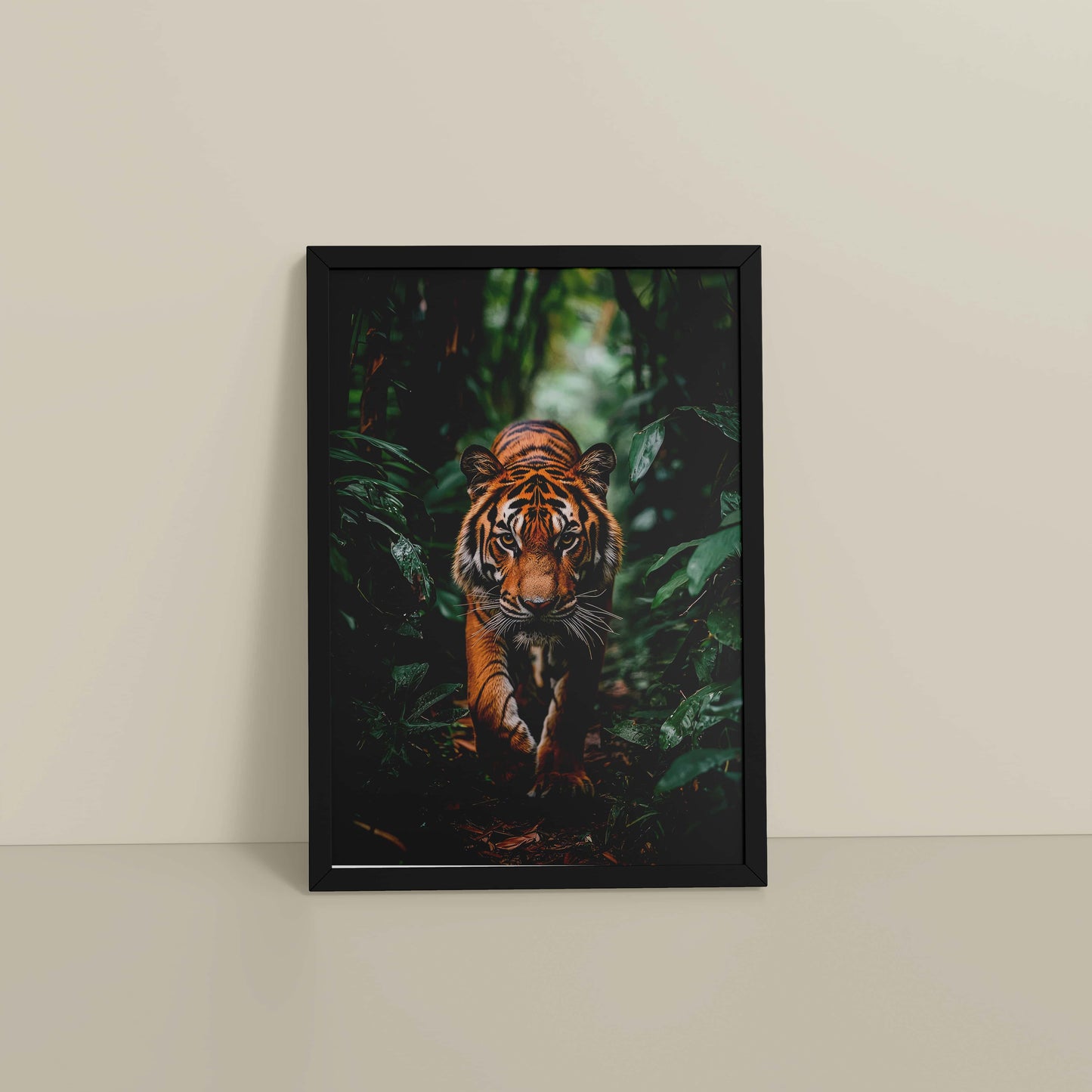 Floor View of Stride of the Wild – Majestic Tiger in Forest Wall Art in Black Color Frame