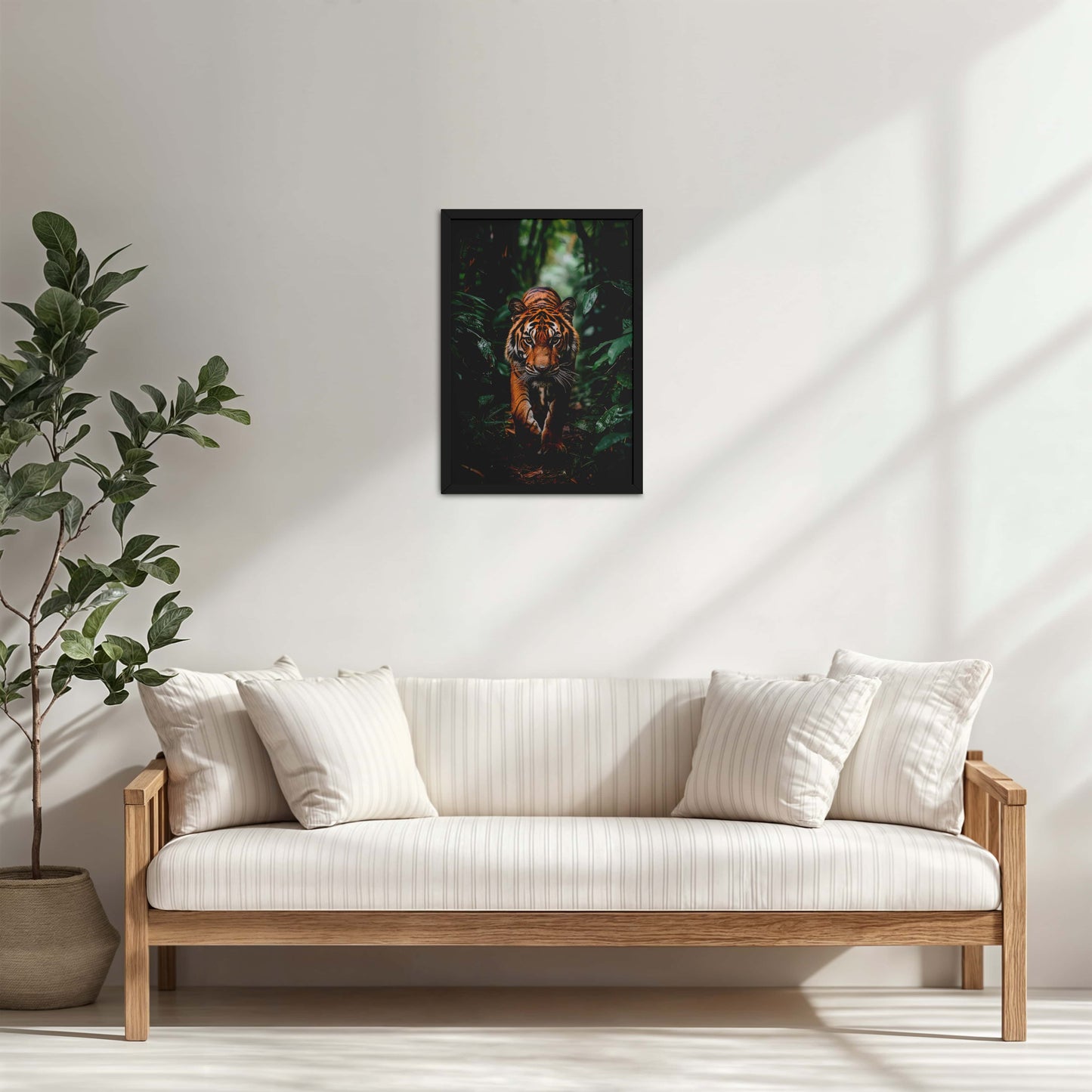 Living Room Cabinet Table Preview of Stride of the Wild – Majestic Tiger in Forest Wall Art in Black Color Frame