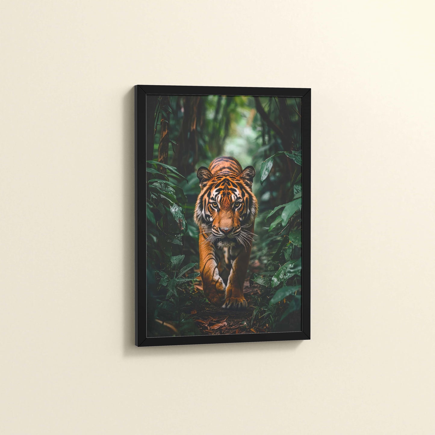 Side View of Stride of the Wild – Majestic Tiger in Forest Wall Art in Black Color Frame