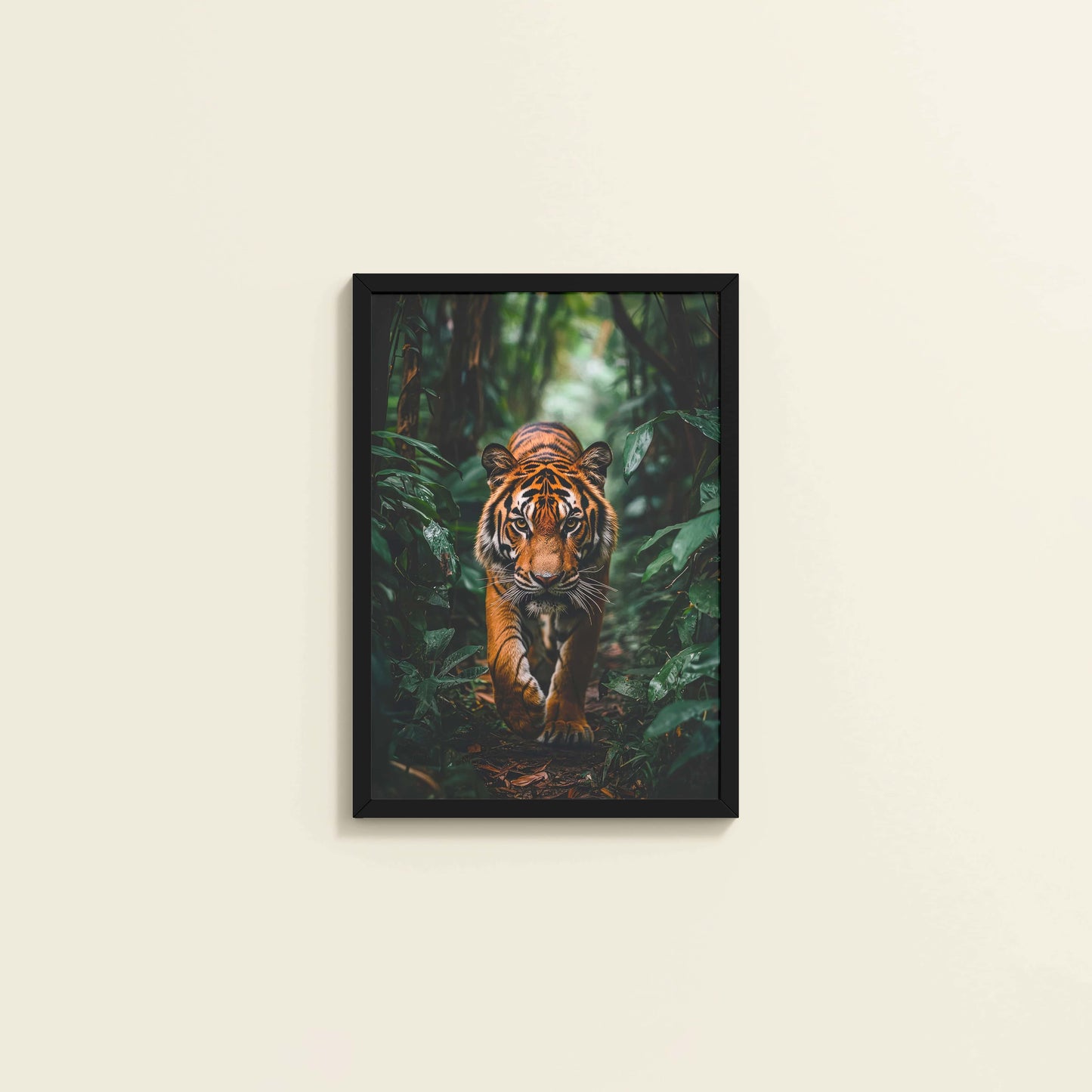 Wall View of Stride of the Wild – Majestic Tiger in Forest Wall Art in Black Color Frame