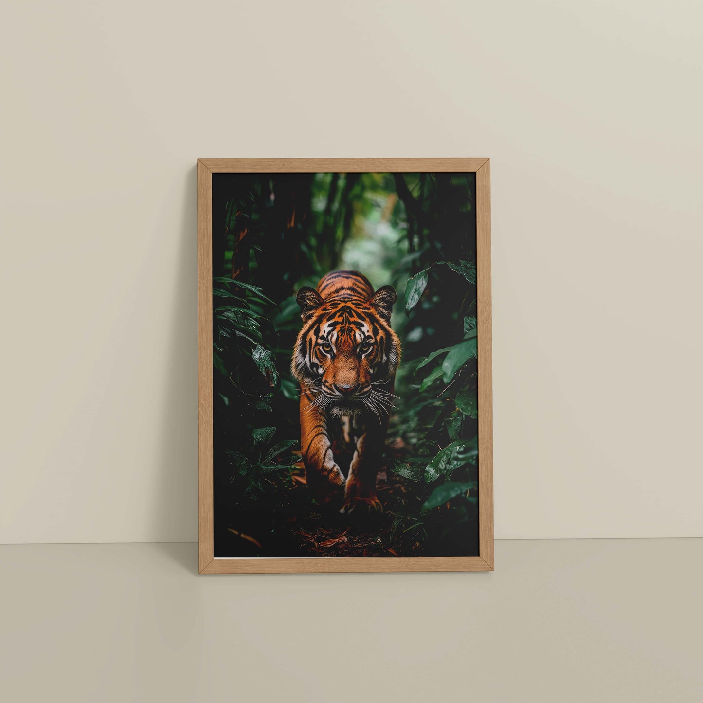 Floor View of Stride of the Wild – Majestic Tiger in Forest Wall Art in Natrual Color Frame