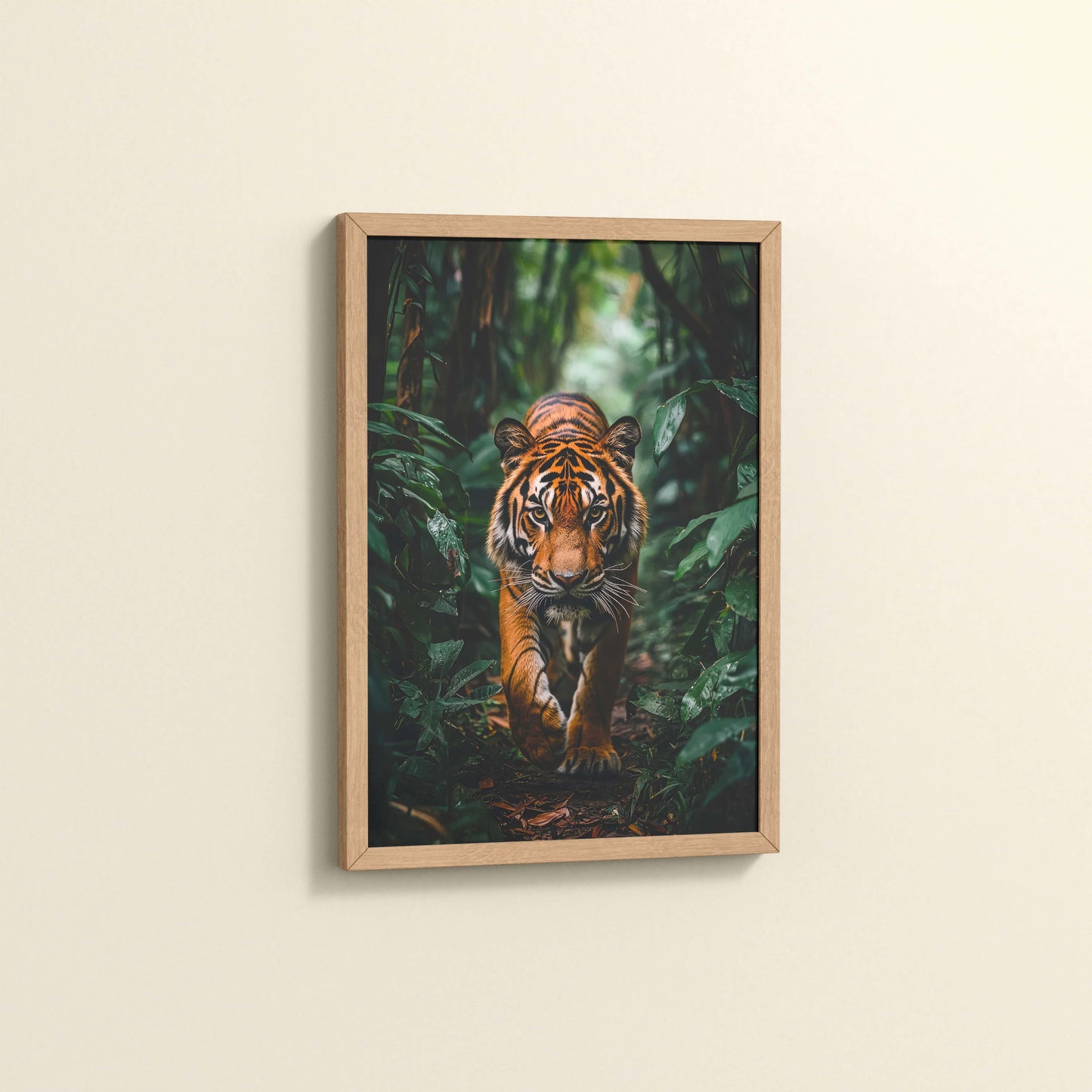 Side View of Stride of the Wild – Majestic Tiger in Forest Wall Art in Natrual Color Frame