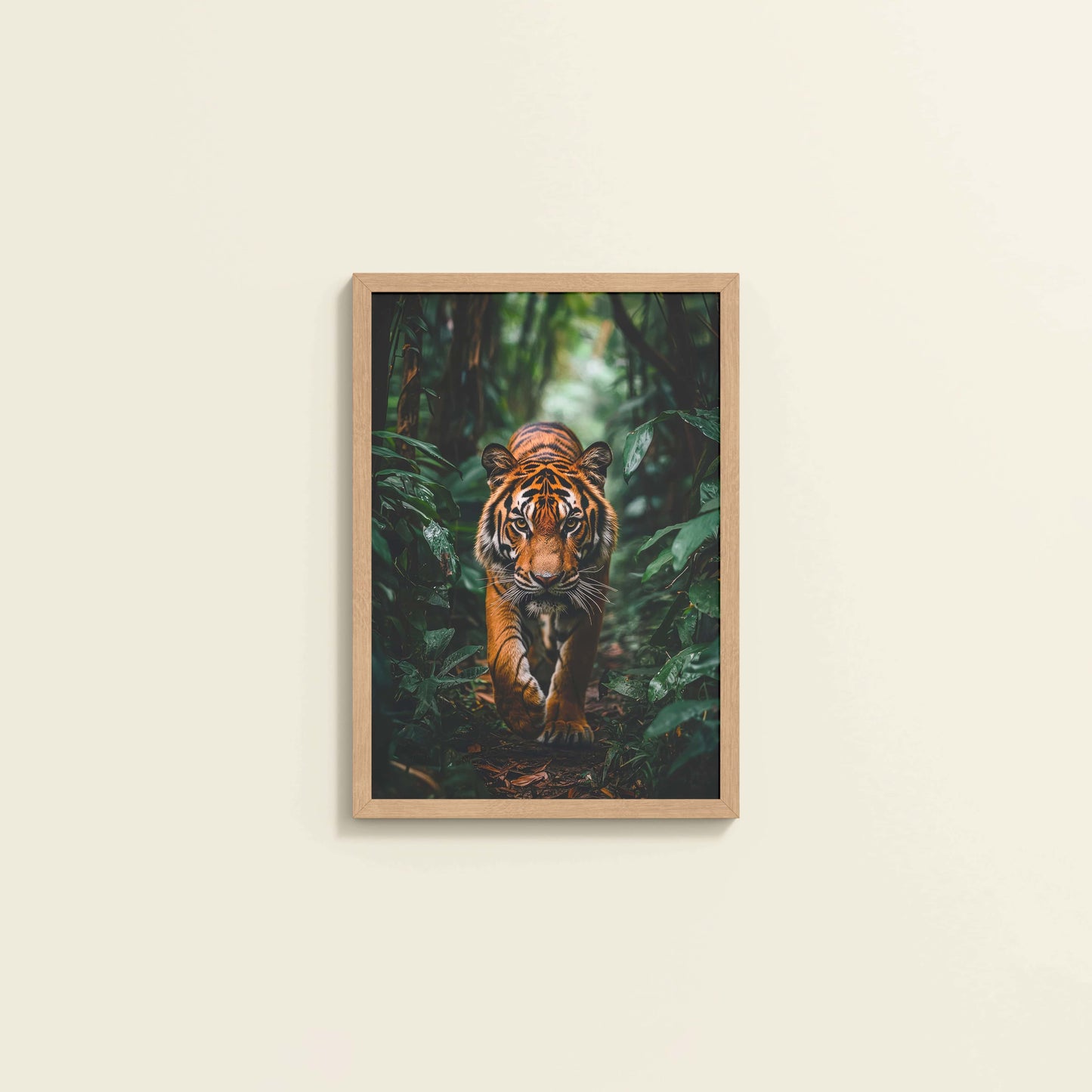 Wall View of Stride of the Wild – Majestic Tiger in Forest Wall Art in Natrual Color Frame