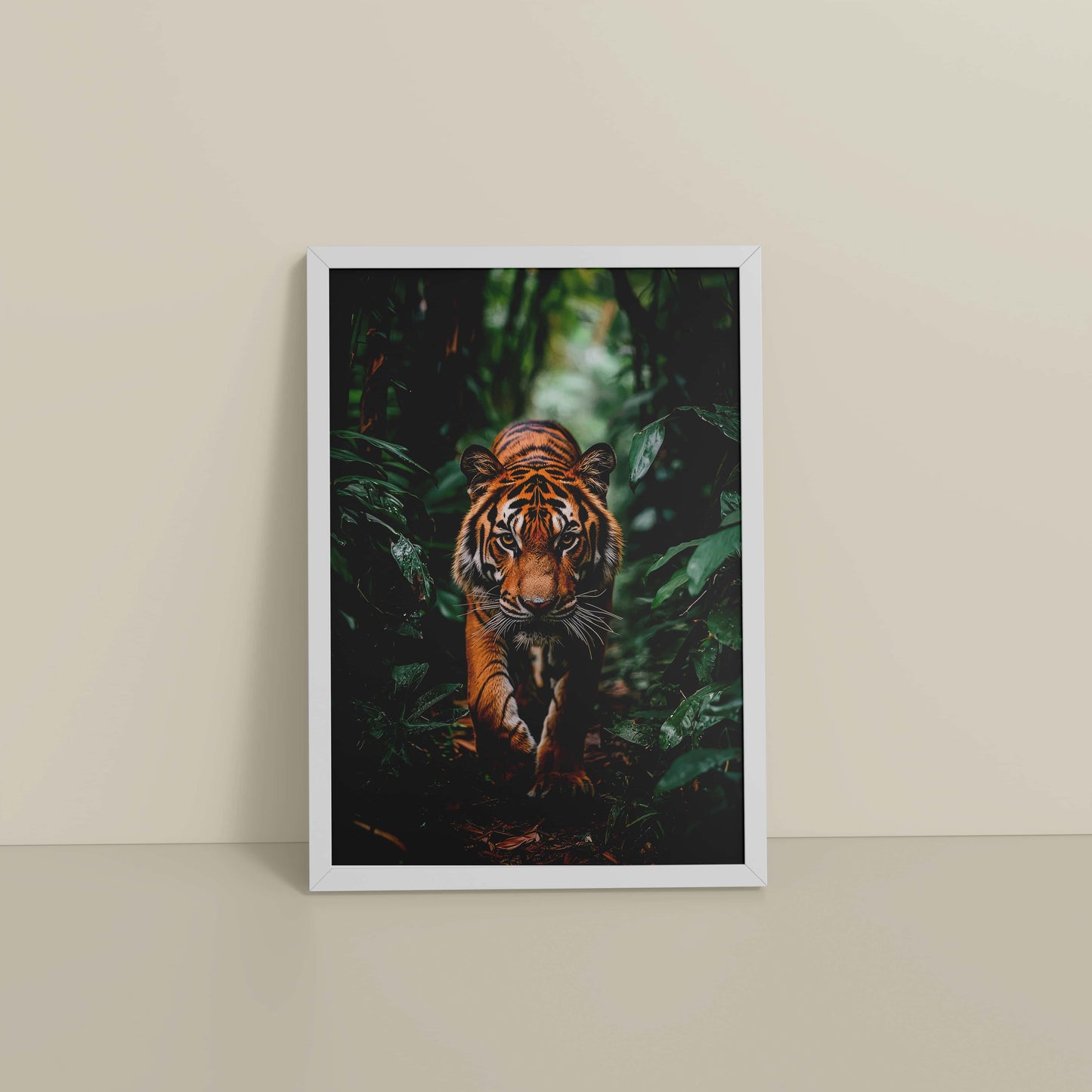 Floor View of Stride of the Wild – Majestic Tiger in Forest Wall Art in White Color Frame