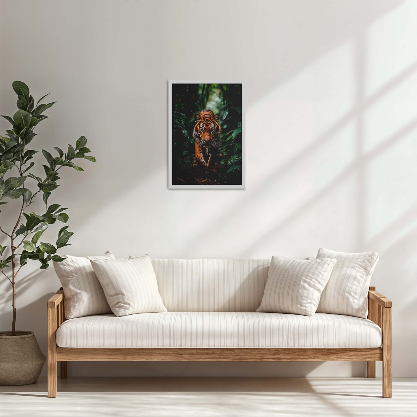 Living Room Cabinet Table Preview of Stride of the Wild – Majestic Tiger in Forest Wall Art in White Color Frame