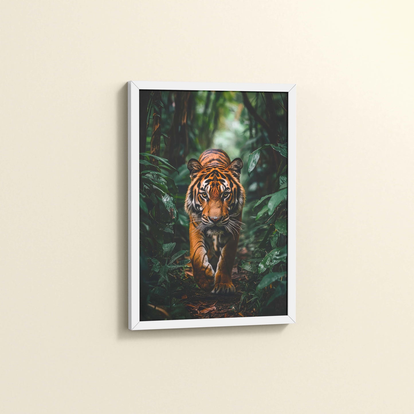 Side View of Stride of the Wild – Majestic Tiger in Forest Wall Art in White Color Frame
