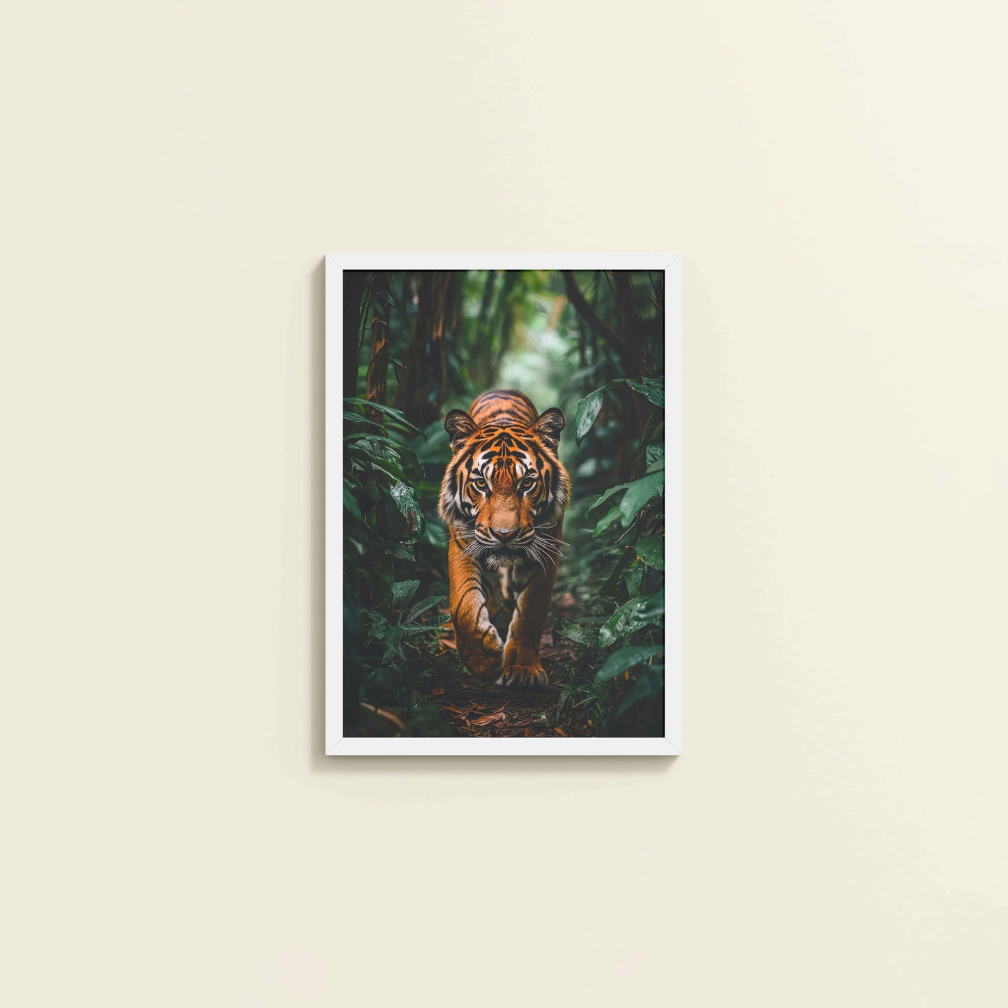 Wall View of Stride of the Wild – Majestic Tiger in Forest Wall Art in White Color Frame