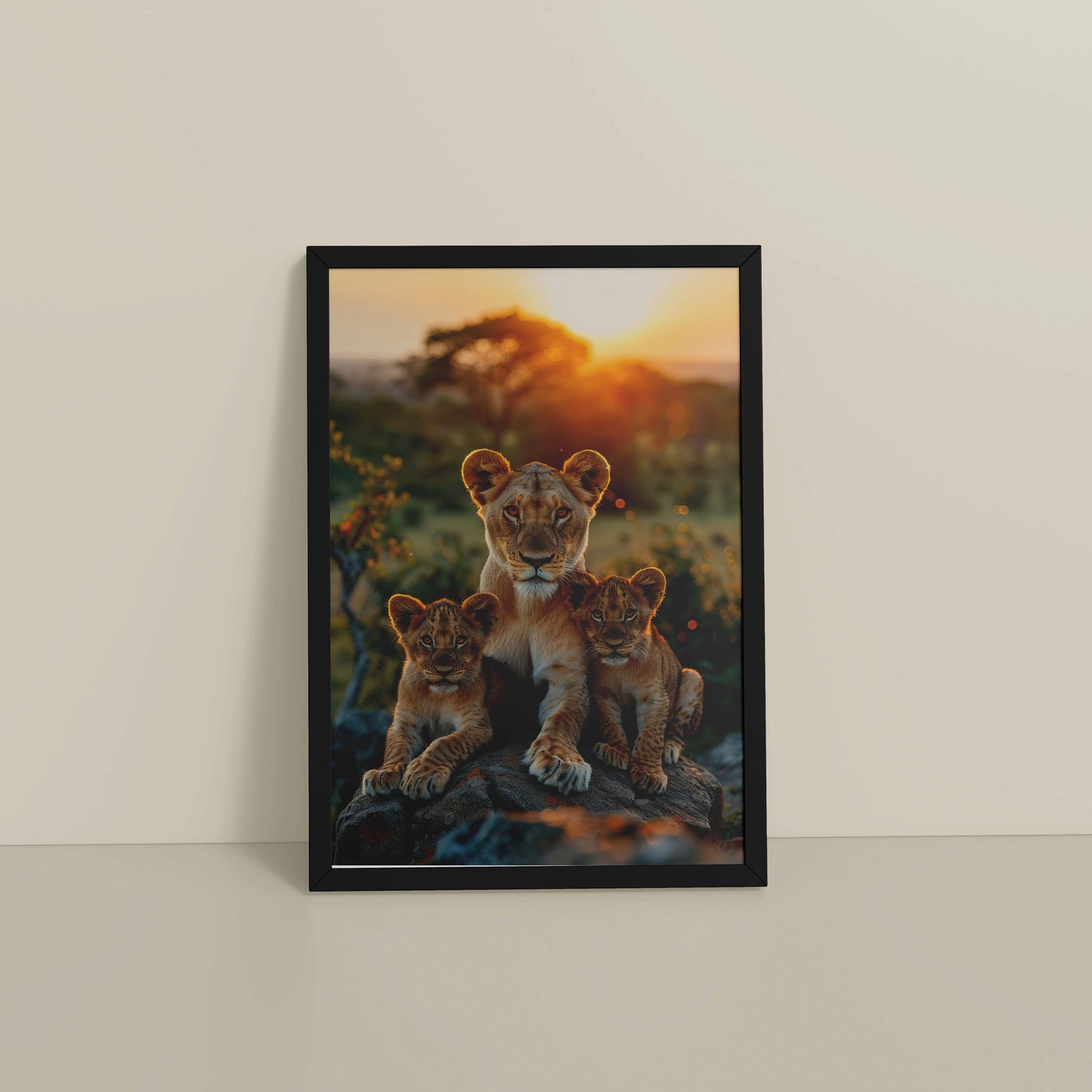 Floor View of Nurture in Nature – Lioness with Cubs in Wall Art Frame in Black Color Frame
