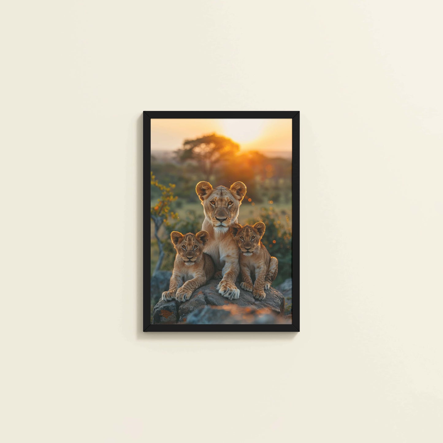 Wall View of Nurture in Nature – Lioness with Cubs in Wall Art Frame in Black Color Frame