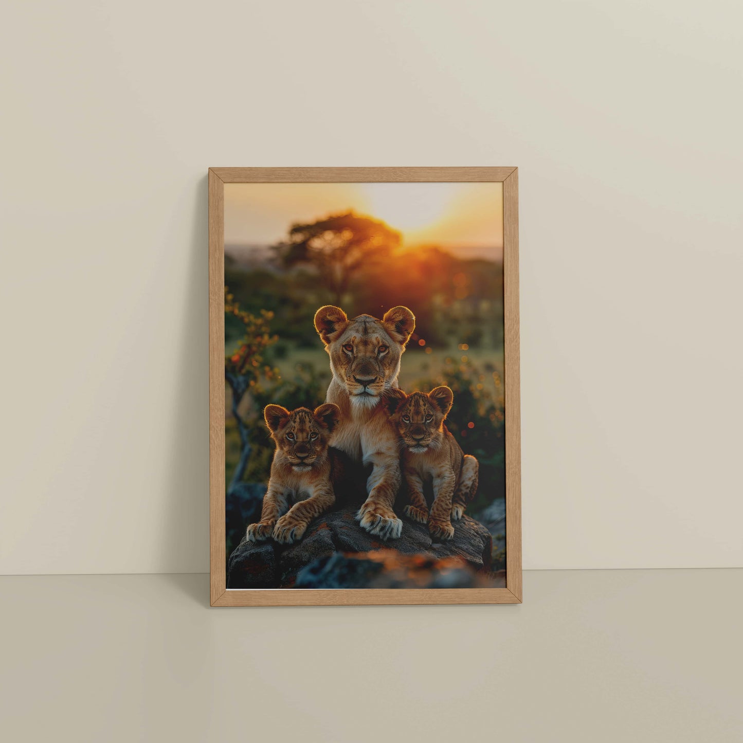 Floor View of Nurture in Nature – Lioness with Cubs in Wall Art Frame in Natrual Color Frame