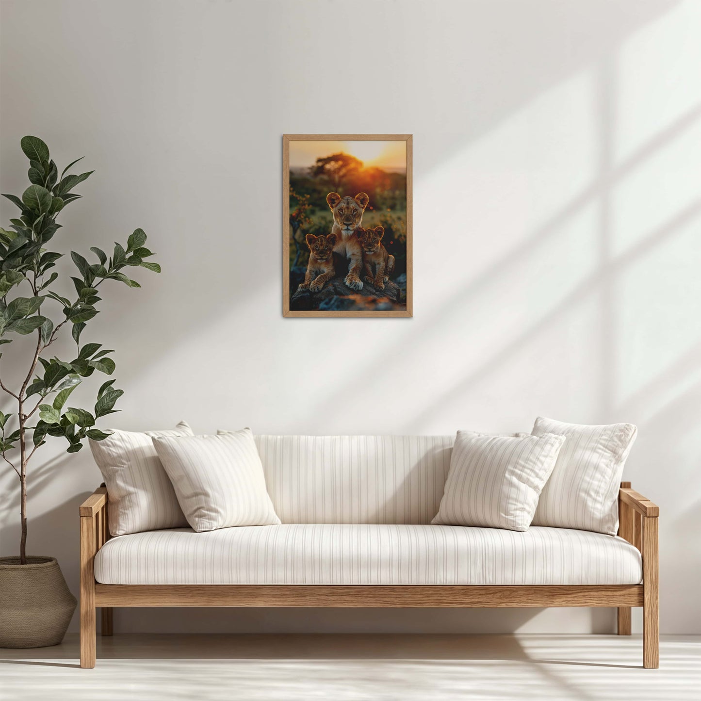 Living Room Cabinet Table Preview of Nurture in Nature – Lioness with Cubs in Wall Art Frame in Natrual Color Frame