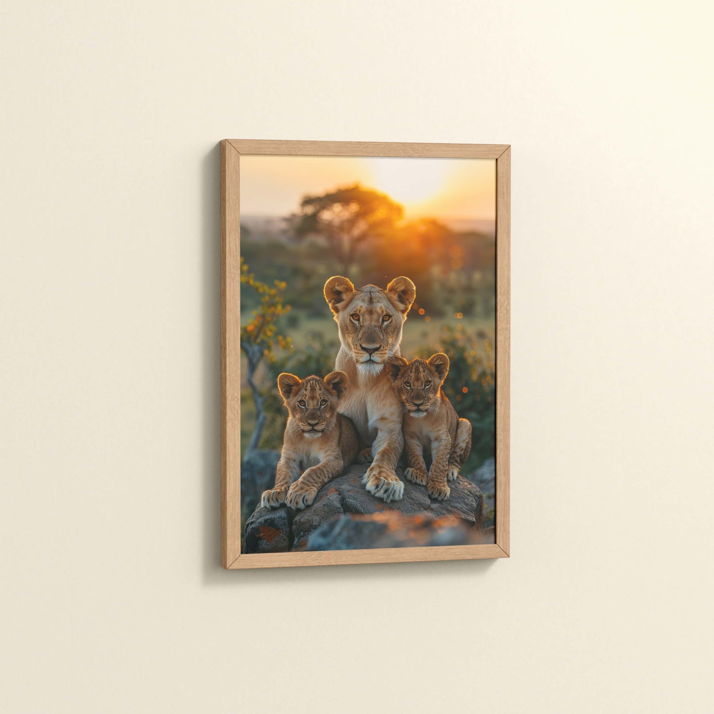 Side View of Nurture in Nature – Lioness with Cubs in Wall Art Frame in Natrual Color Frame