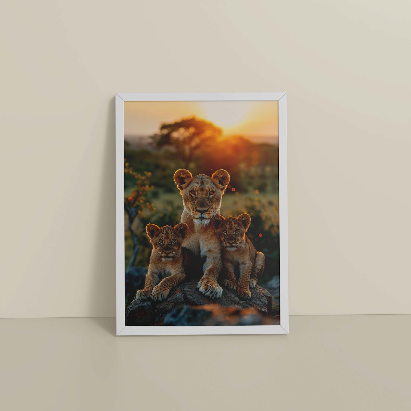 Floor View of Nurture in Nature – Lioness with Cubs in Wall Art Frame in White Color Frame