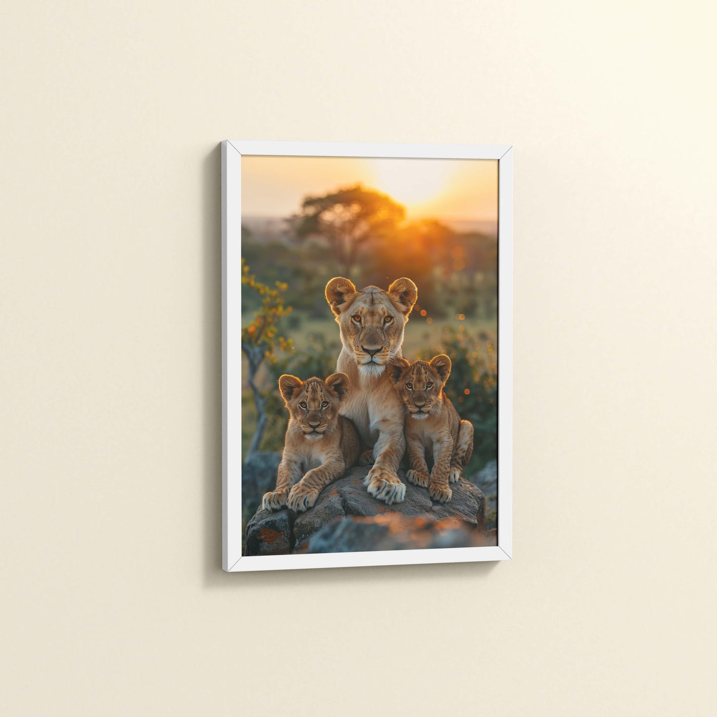 Side View of Nurture in Nature – Lioness with Cubs in Wall Art Frame in White Color Frame