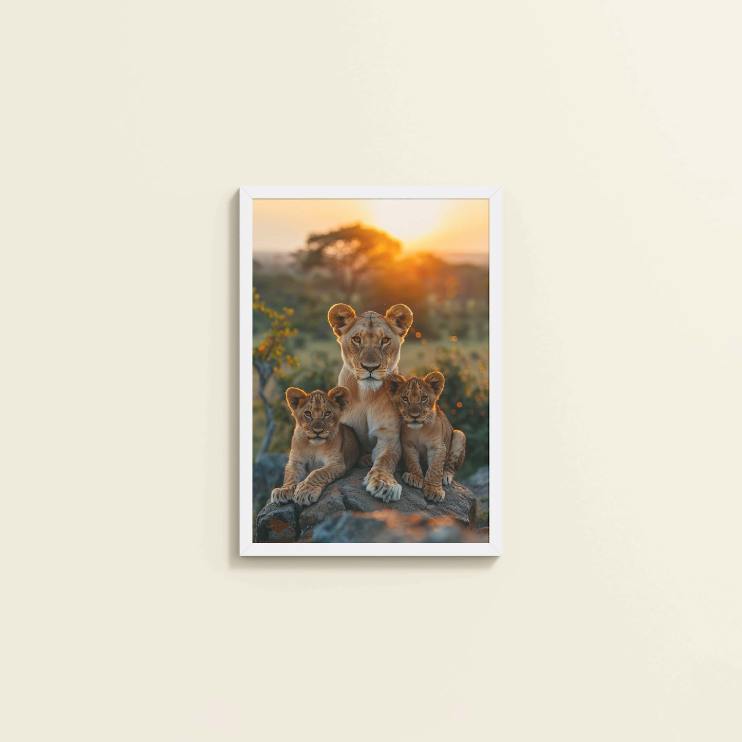 Wall View of Nurture in Nature – Lioness with Cubs in Wall Art Frame in White Color Frame