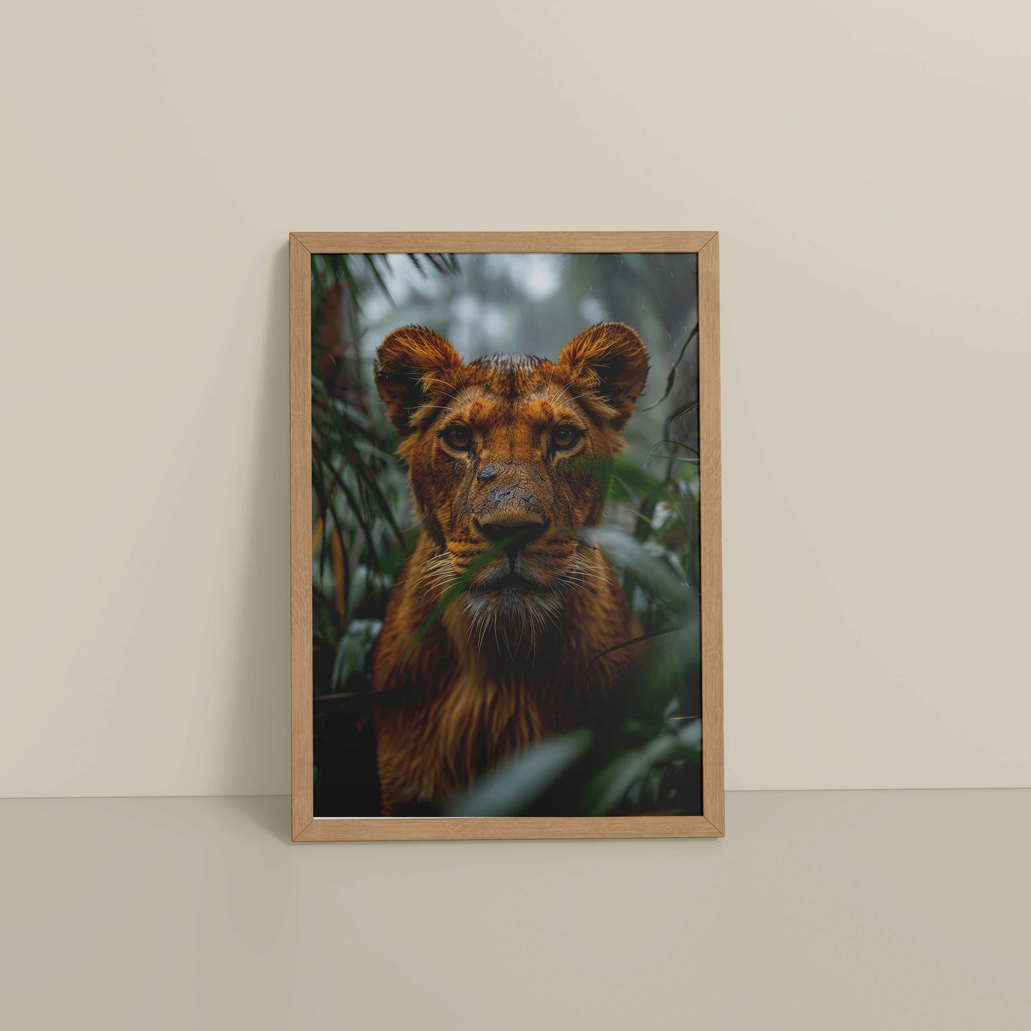 Floor View of Little King – Lion Cub in Forest Wall Art & Frame in Natrual Color Frame