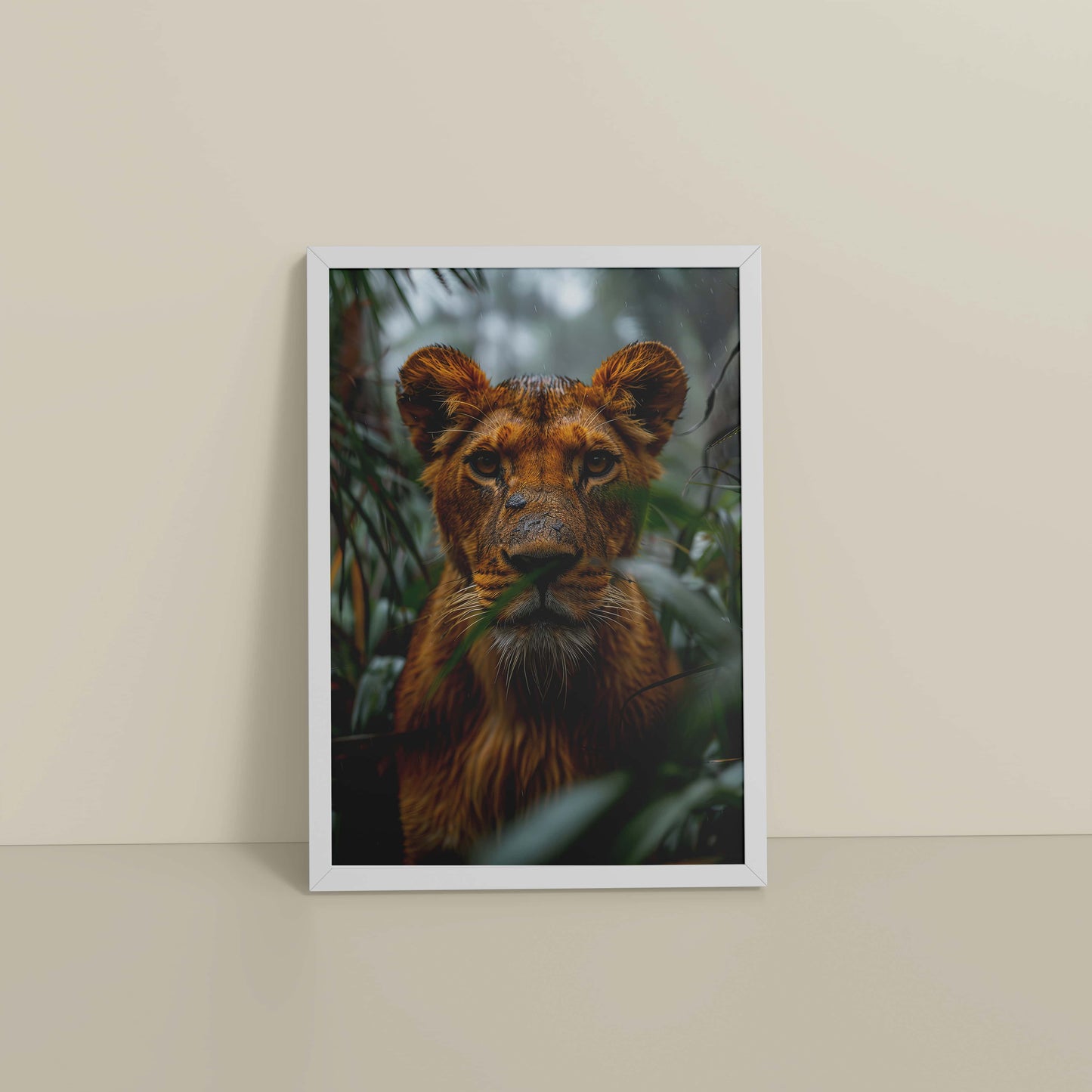 Floor View of Little King – Lion Cub in Forest Wall Art & Frame in White Color Frame